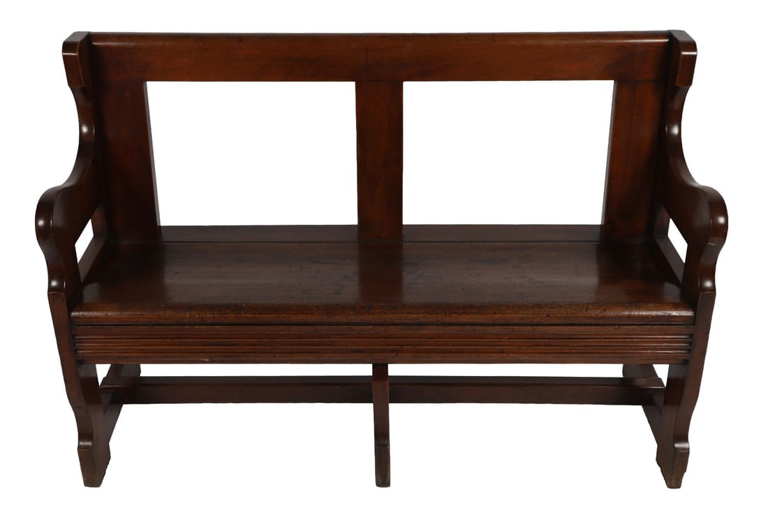 VICTORIAN MAHOGANY HALL BENCH: With shaped back and solid seat, the ends with scrolling arm supports. FURNITURE