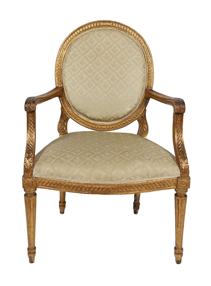 18TH - CENTURY CARVED GILTWOOD SALON CHAIR: With shaped and carved frame, upholstered back and seat, raised on cabriole legs. FURNITURE