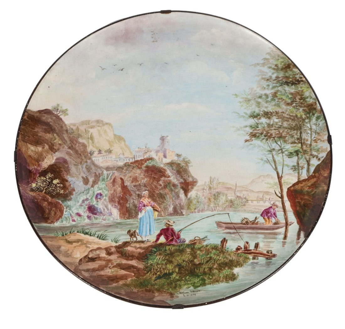 19TH-CENTURY ITALIAN PORCELAIN CHARGER: Circular, painted with figures in a river landscape within a mountainous setting. PORCELAIN