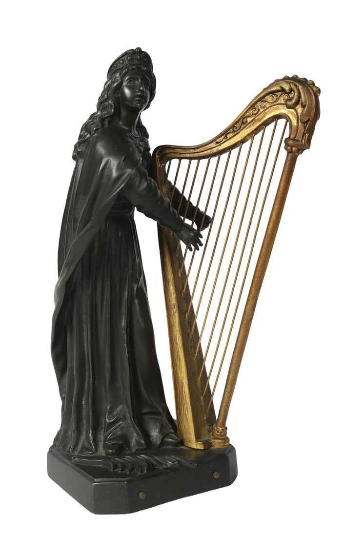 19TH-CENTURY BRONZE AND ORMOLU SCULPTURE: depicting St. Cecilia playing a harp. Signed. SCULPTURE