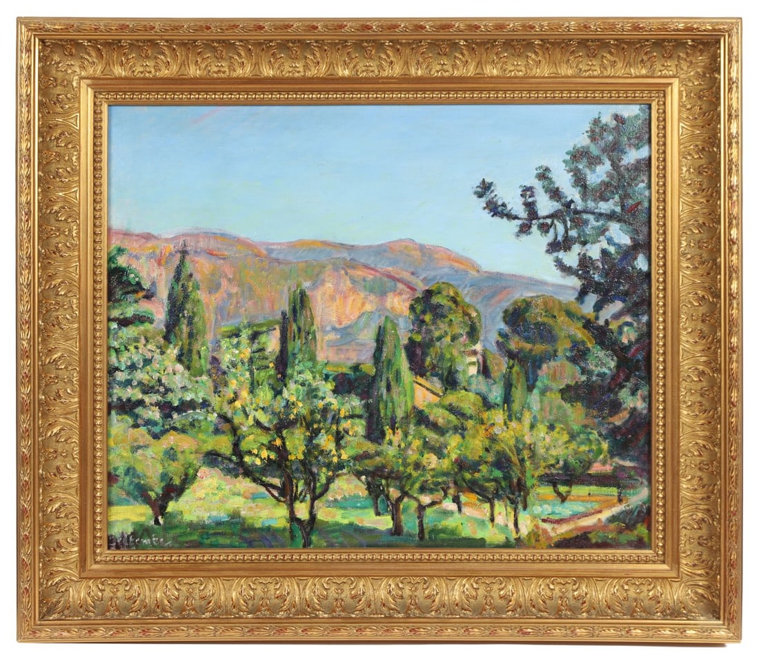 PAUL DELTOMBE (1878 - 1971): Title: A Sunlit French Landscape with an Orchard and Hills Looking onto a LakeMedium: Oil on CanvasSignature: Signed Lower LeftProvenance: Private CollectionFramed PICTURES AND PRINTS