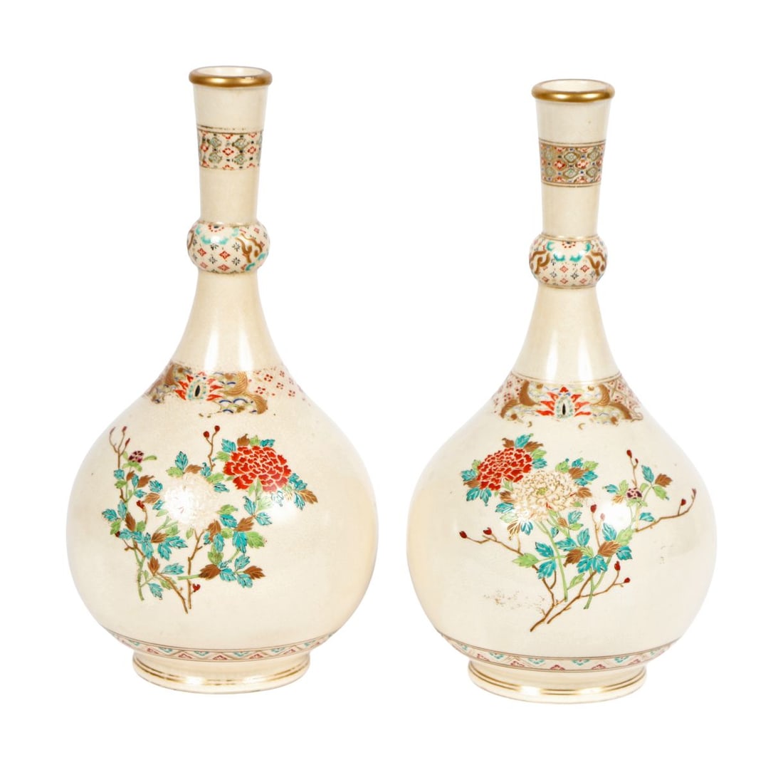 PR JAPANESE SATSUMA POLYCHROME DOUBLE GOURD VASES: A pair of Japanese Satsuma double gourd vases, finely decorated in polychrome enamels and gilt with panels of figures and floral ornament against a crackle-glazed ground. JAPANESE