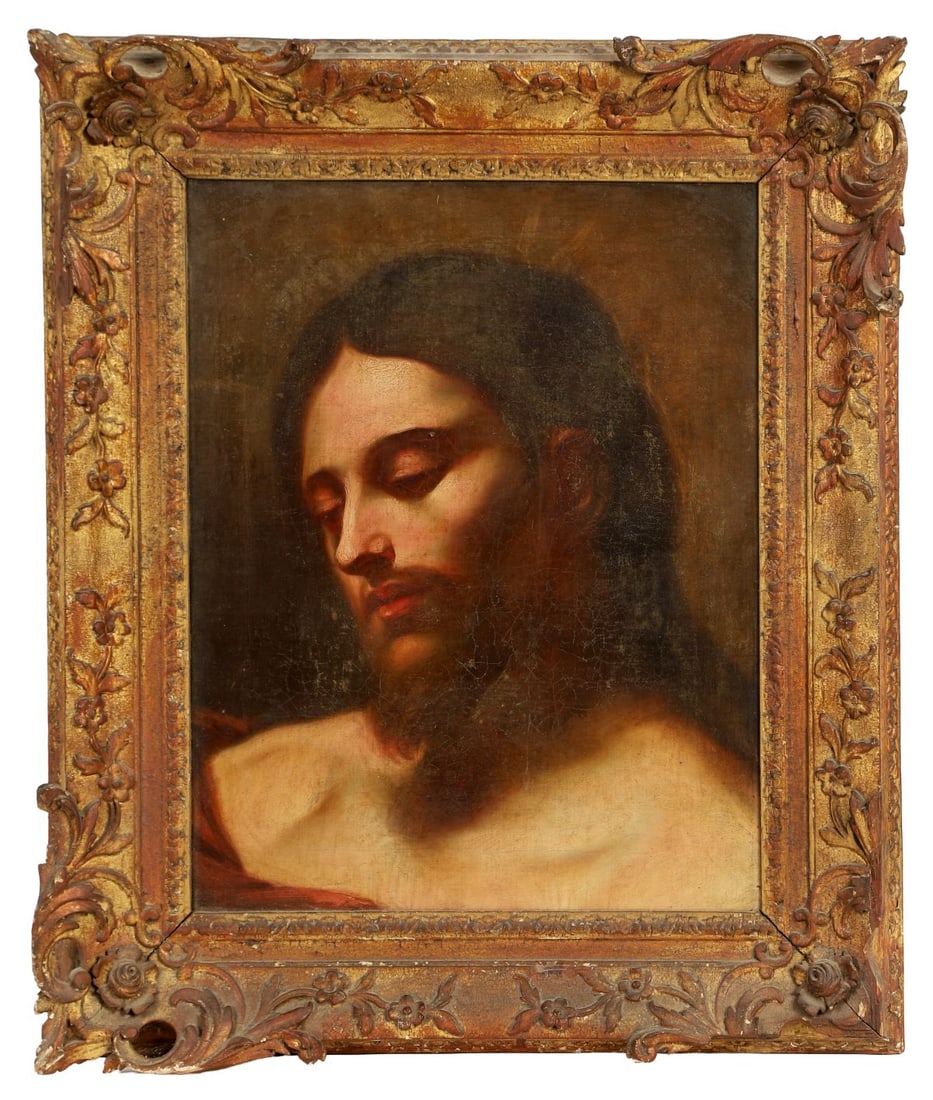 17TH - CENTURY SPANISH SCHOOL: Title: Head of ChristMedium: Oil on CanvasSignature: UnsignedProvenance: The Hamilton Family, Co. Leitrim and Yorkshire, by Descent until 2024; Private CollectionNote: Enclosed in a Mid 18th - Century