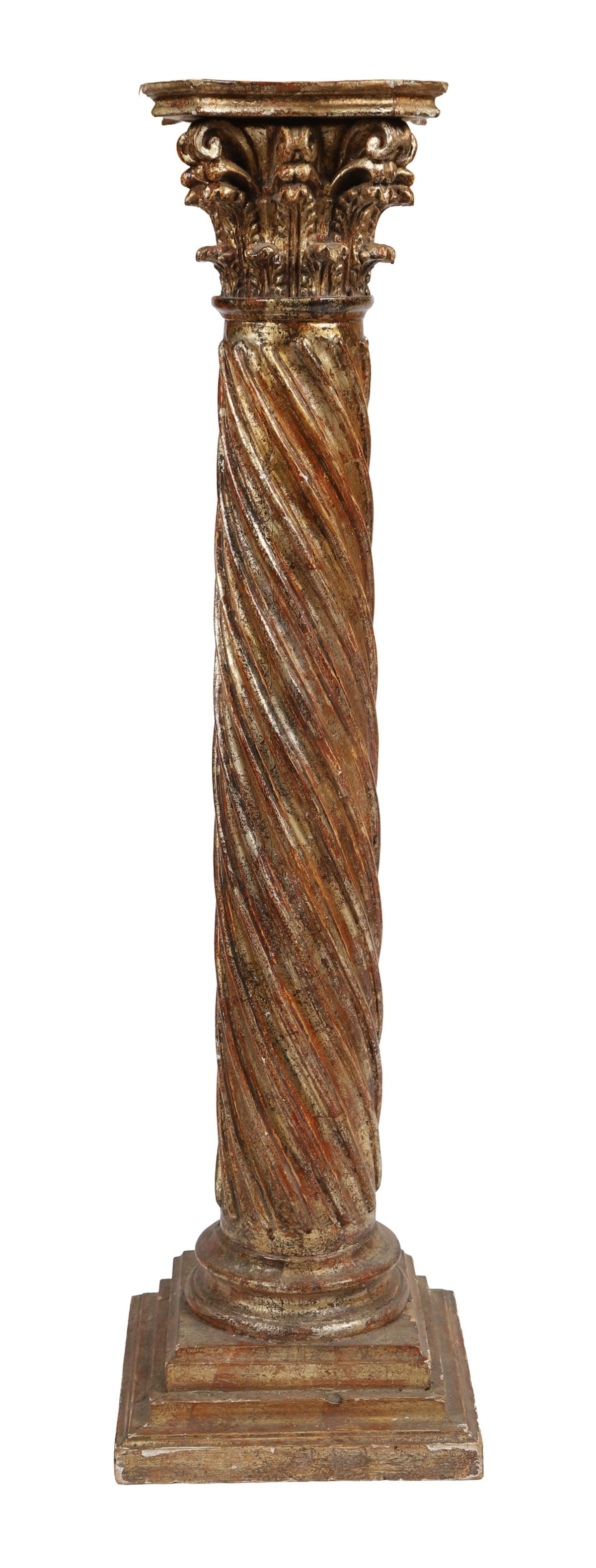 TWIST COLUMN PEDESTAL, 20TH CENTURY: Spiral fluted column with composite Corinthian capital and square plinth base, in distressed gilt finish. FURNITURE
