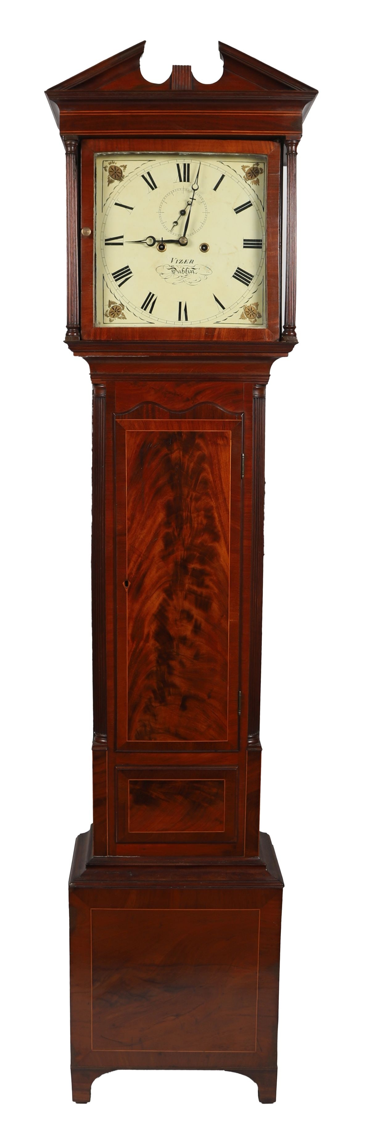 IRISH 18TH - CENTURY MAHOGANY LONGCASE CLOCK: BY VIZER, DUBLIN. The arched hood with columns enclosing a painted dial, above a trunk with shaped door, raised on a plinth base. CLOCKS AND BAROMETERS