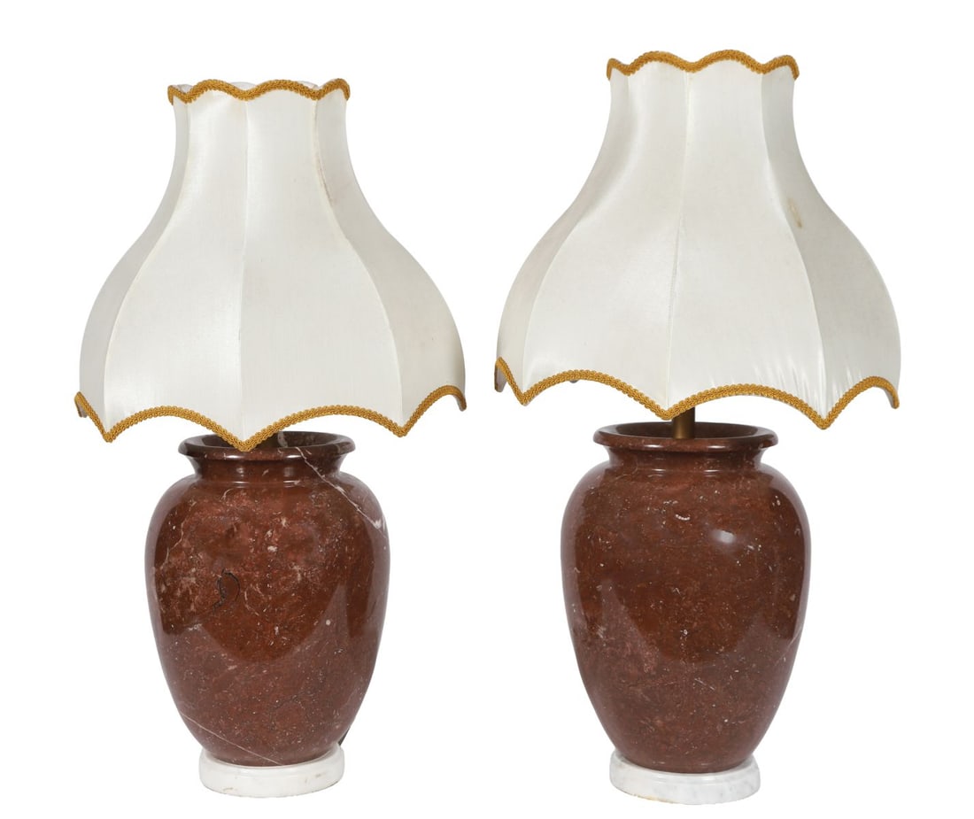 PAIR OF ROUGE MARBLE TABLE LAMPS WITH SHADES (1 of 3)