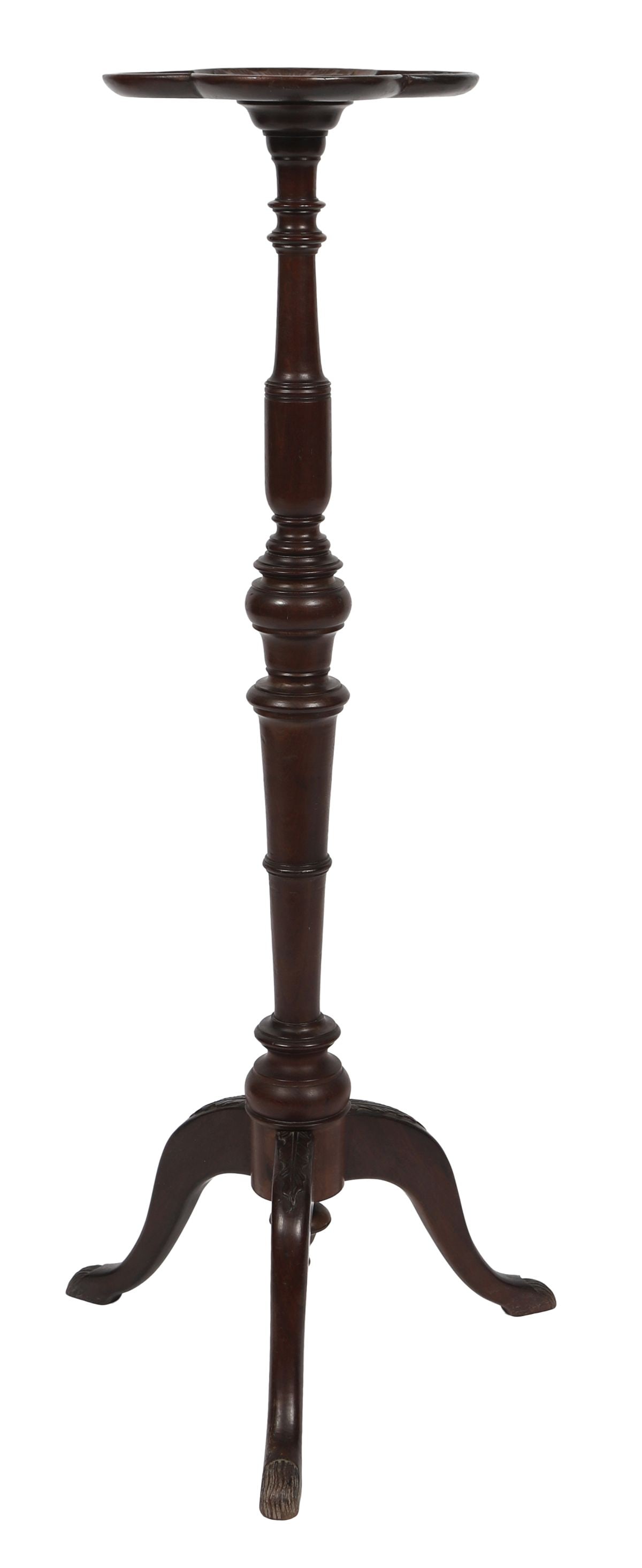 EDWARDIAN MAHOGANY CHIPPENDALE-REVIVAL TORCHÈRE: With circular top above a turned column and tripod base. FURNITURE