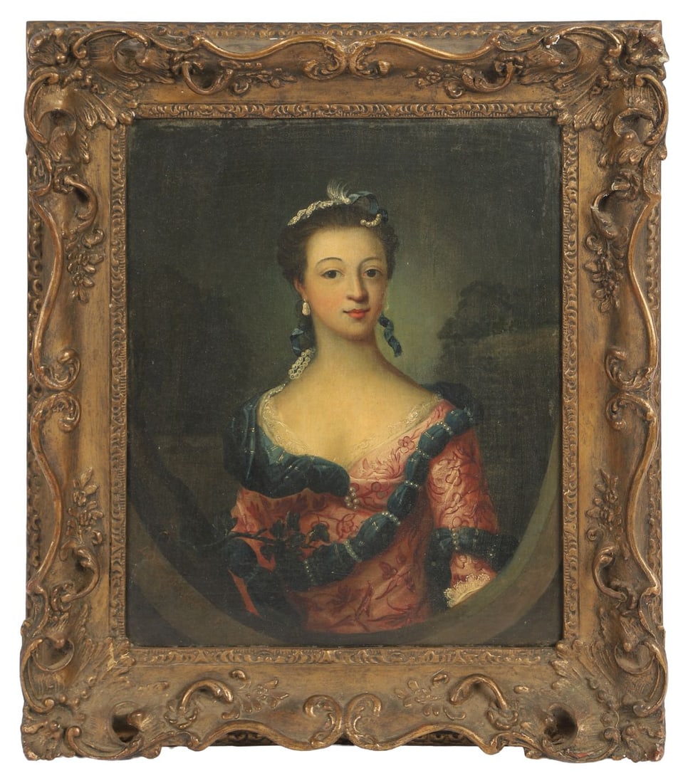 LOFTUS HOW (IRISH, 1700 - 1760): Title: Portrait of Catherine Gunning, Later Mrs. Robert Travis (1735 - 1773) Medium: Oil on Canvas Signature: Signed Lower LeftProvenance: Private CollectionFramedWe are Grateful to William Laffan for