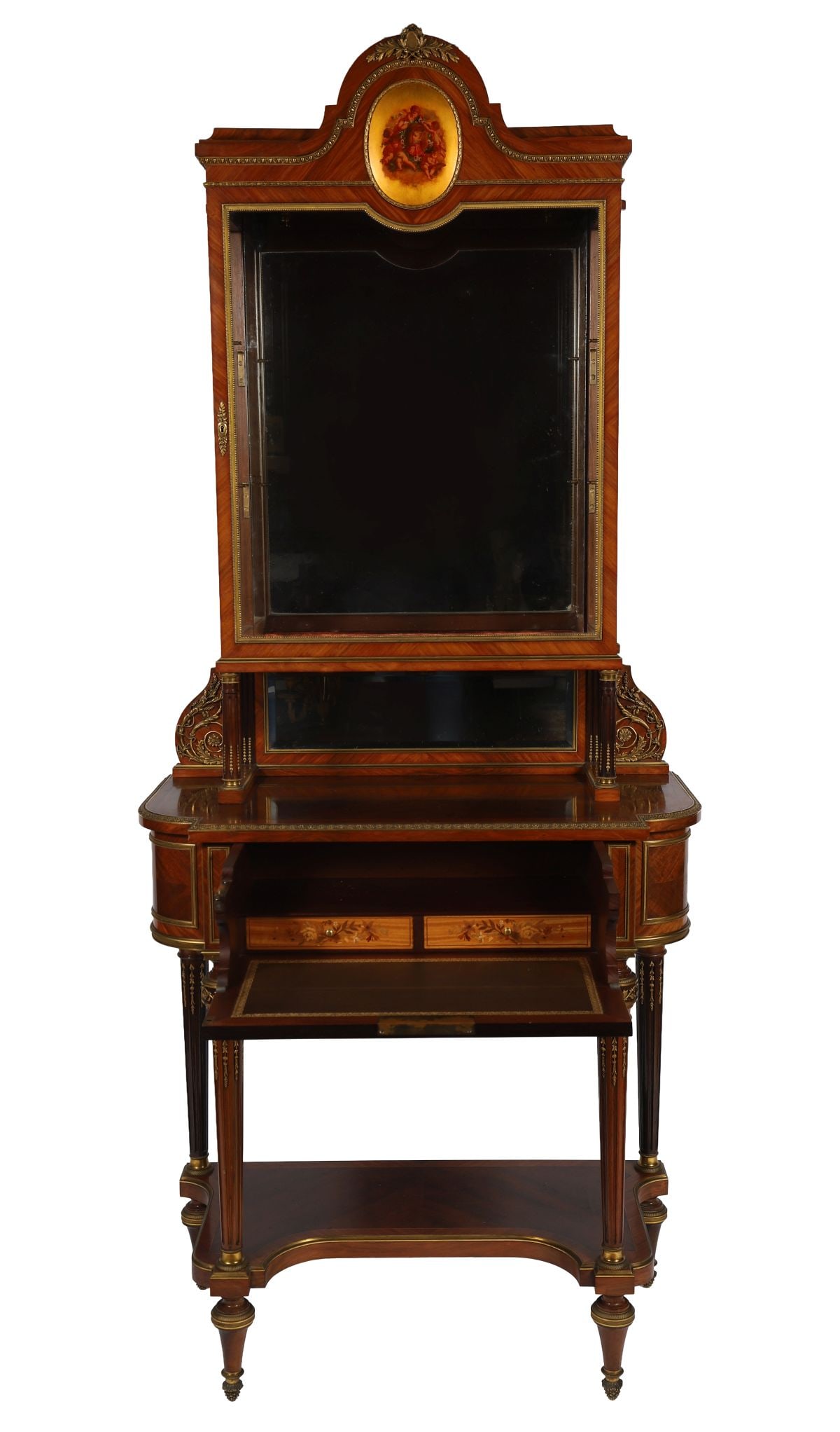 19TH-CENTURY FRENCH ORMOLU-MOUNTED VITRINE: IN THE MANNER OF FRANCOISE LINKE, Of serpentine outline, the glazed upper section enclosing a velvet-lined interior, raised on slender supports above a shaped base with undertier, the whole richly mou
