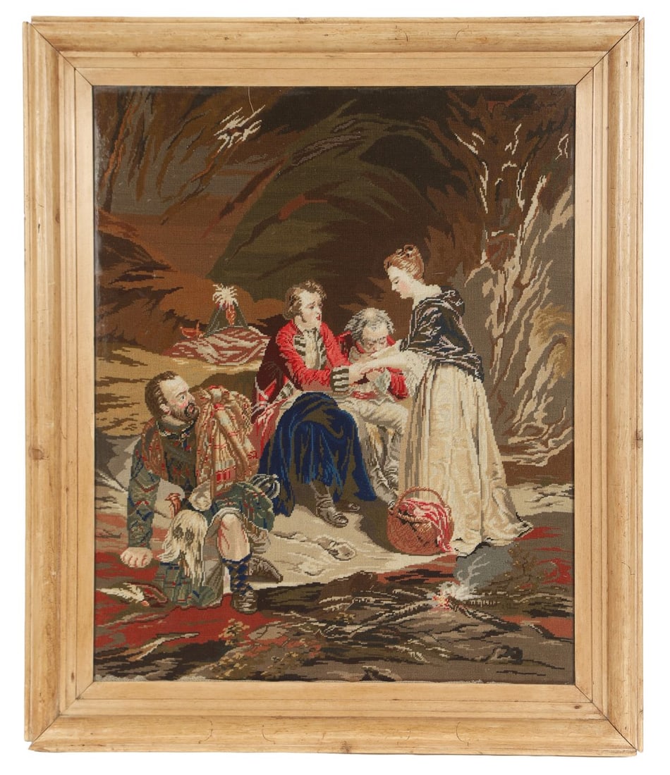 EMBROIDERED NEEDLEWORK PANEL: Depicting two gentlemen in military uniform, seated in a rocky landscape, with a lady at their side and another gentleman in Highland dress to the left PICTURES AND PRINTS