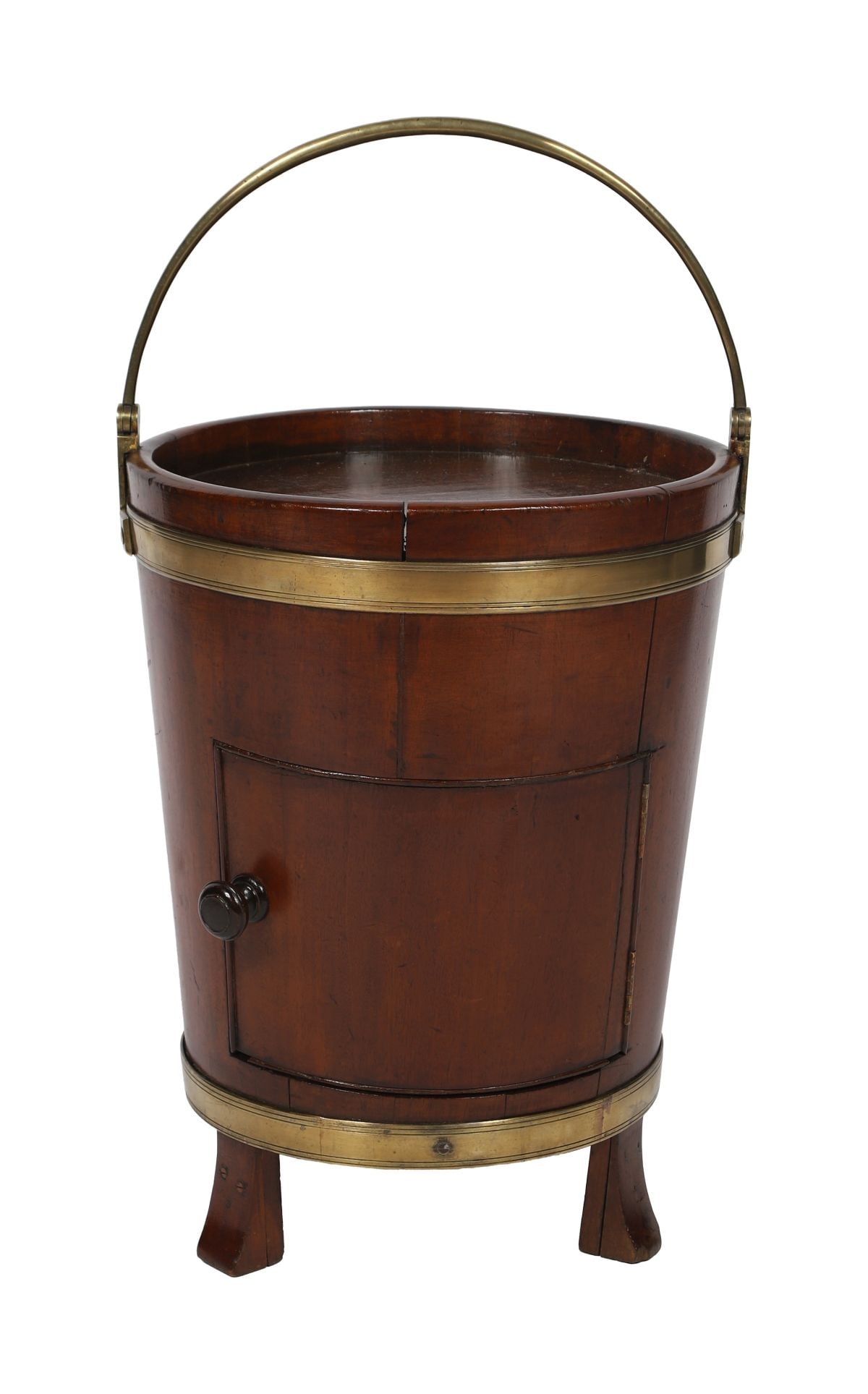 GEORGIAN MAHOGANY & BRASS-BOUND CYLINDER CABINET: Of coopered form with hinged lid and brass swing handle, the body bound with brass bands and raised on short feet. FURNITURE