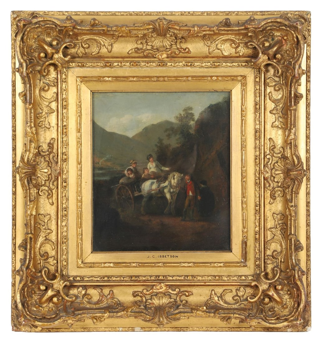 JULIUS CAESAR IBBETSON (ENGLISH, 1759 - 1817): Title: Family Travelling Through St John's in the Vale, near KeswickMedium: Oil on CanvasSignature: Inscribed on Old Labels VersoProvenance: S. Young & Son, London (Label Verso); Private