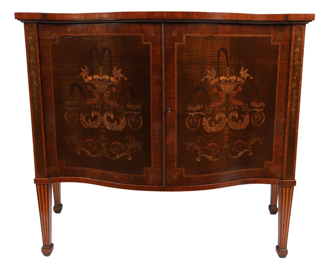 PAIR OF MAHOGANY, HAREWOOD AND MARQUETRY COMMODES (1 of 4)