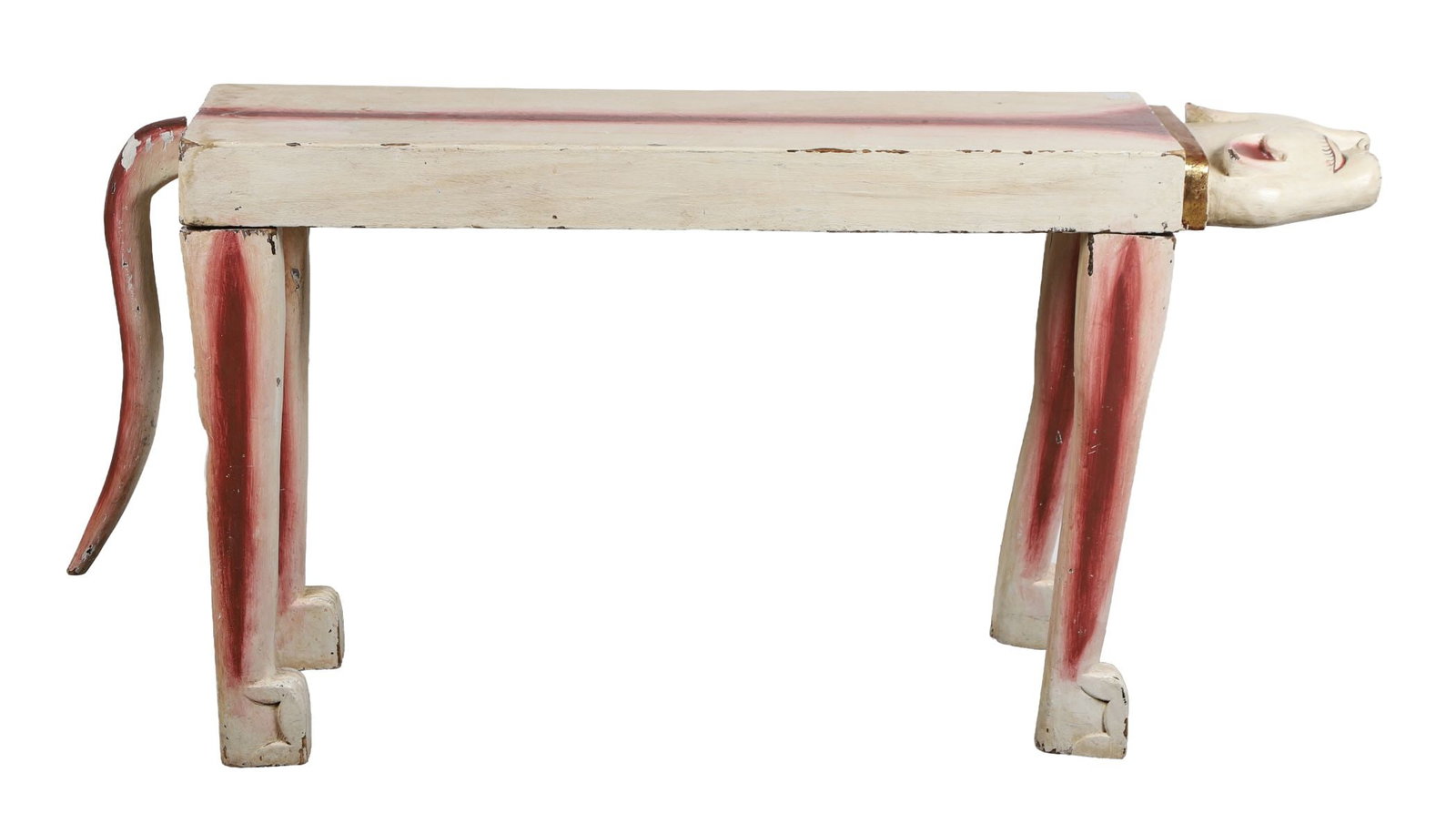 DECORATIVE CARVED & PAINTED CONSOLE TABLE: WITH ZOOMORPHIC TERMINAL, 20TH CENTURY. Unusual elongated form terminating in a stylised animal head, with painted finish and red accent line, raised on four legs (as noted). FURNITURE