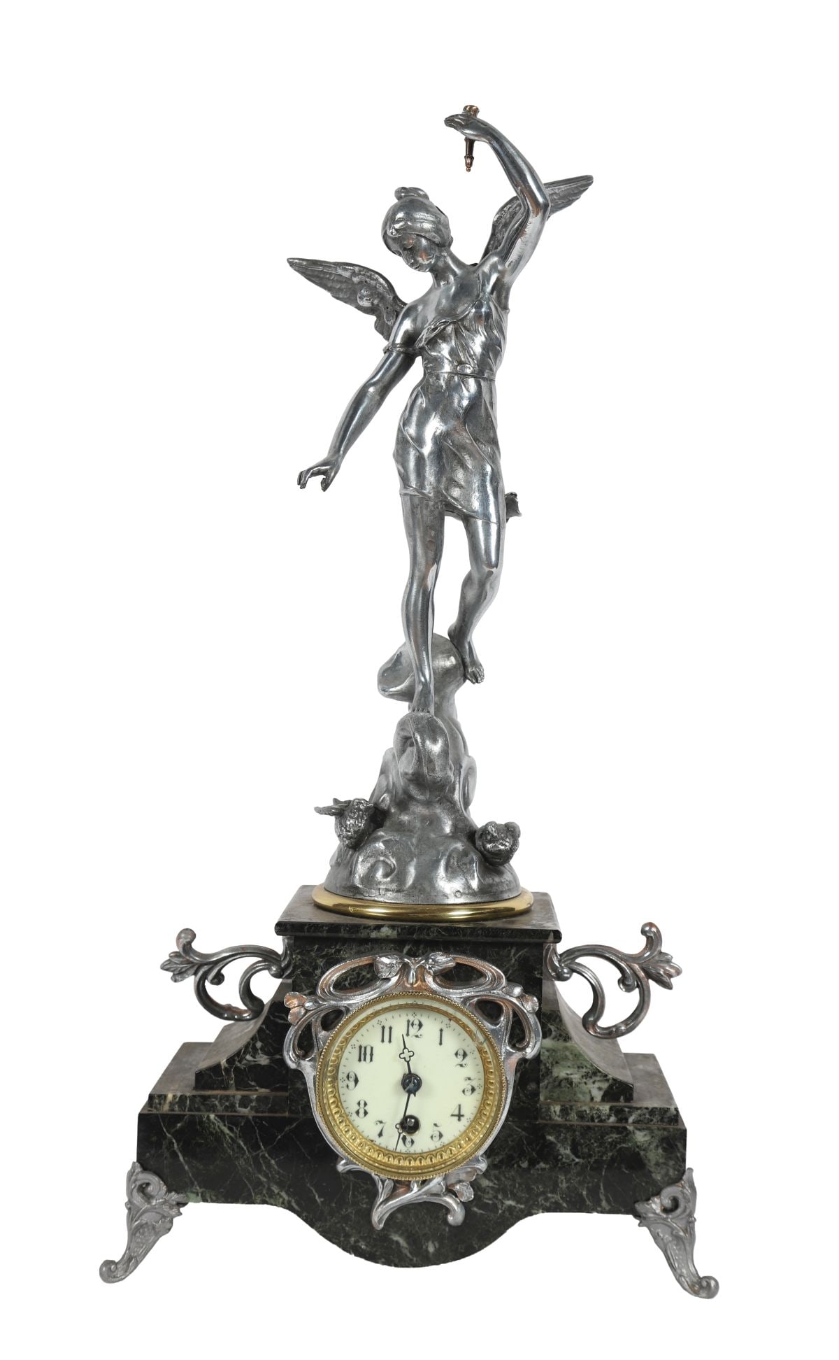 19TH-CENTURY SPELTER FIGURAL MANTEL CLOCK: Modelled as a winged female figure standing upon a globe, the base incorporating a circular enamel dial, raised on a shaped plinth. CLOCKS AND BAROMETERS