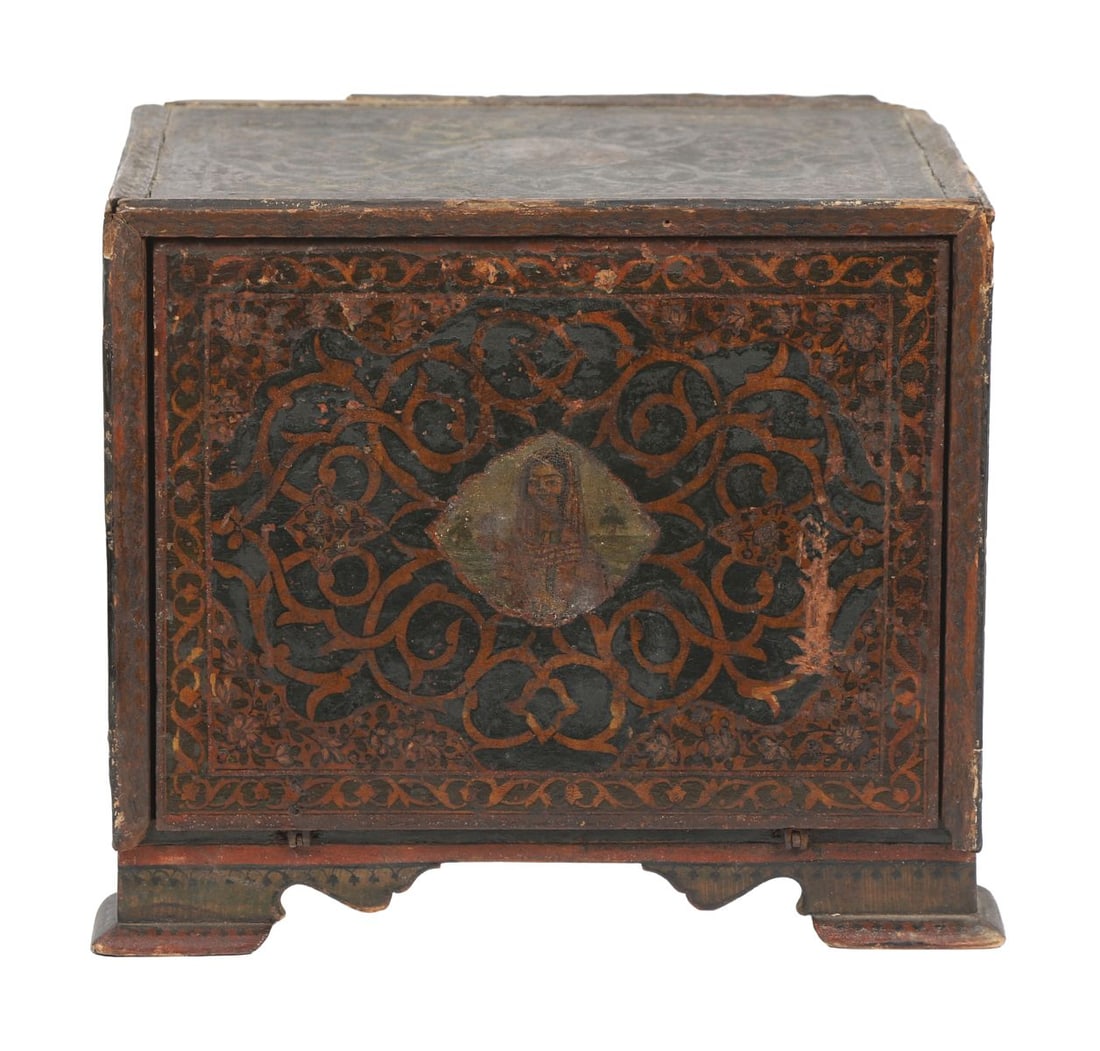 INDO-PERSIAN LACQUERED MINIATURE COLLECTORS CHEST: 18TH-CENTURY, Rectangular form with hinged fall-front enclosing an arrangement of small drawers, decorated with floral and geometric panels. ANTIQUE BOXES