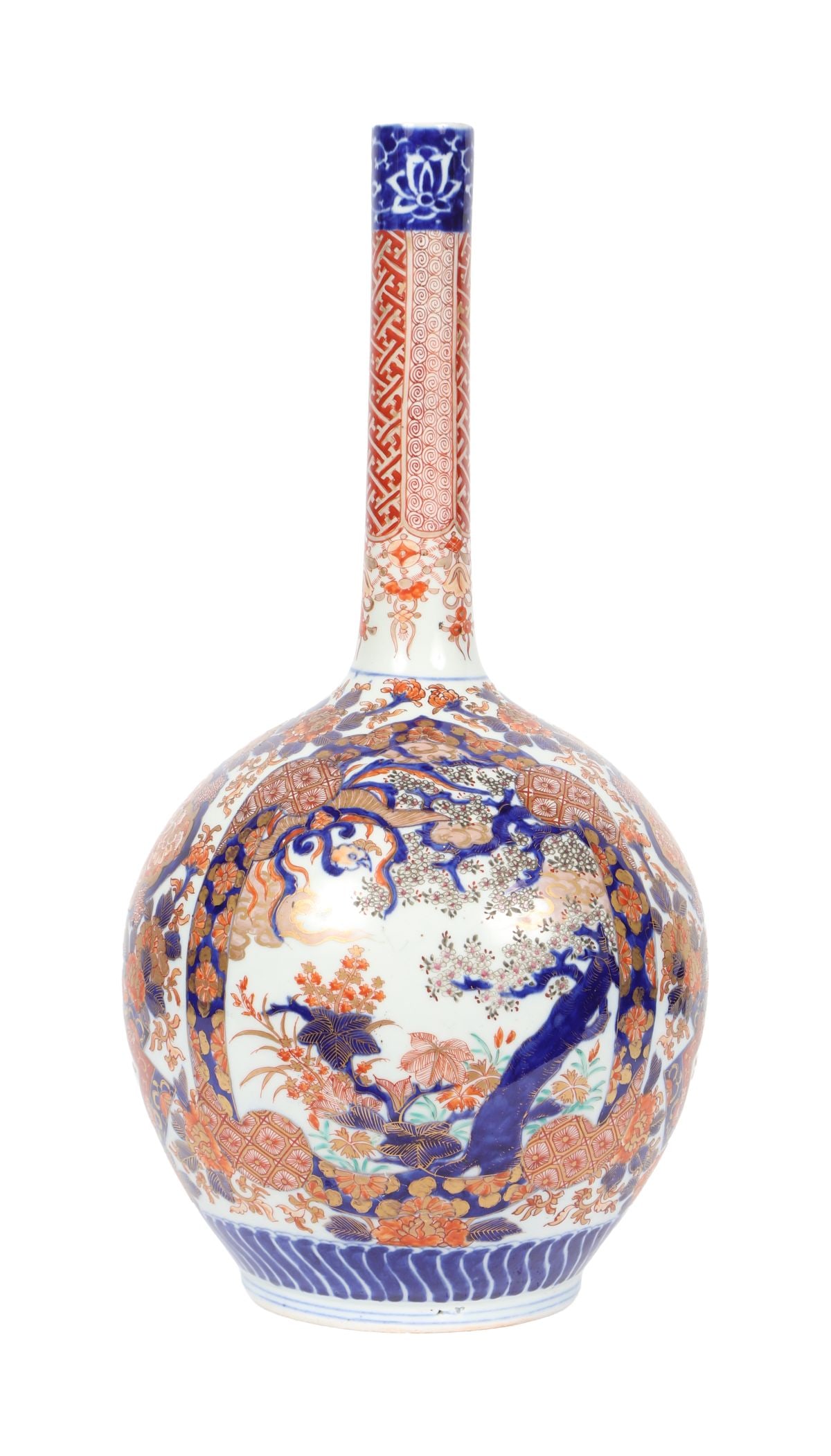 JAPANESE IMARI BOTTLE SHAPED VASE: LARGE 18TH / 19TH - CENTURY, A large Japanese Imari bottle-shaped vase, the globular body rising to a tall slender neck, decorated with dense panels of flowering branches, foliage and stylised motifs 