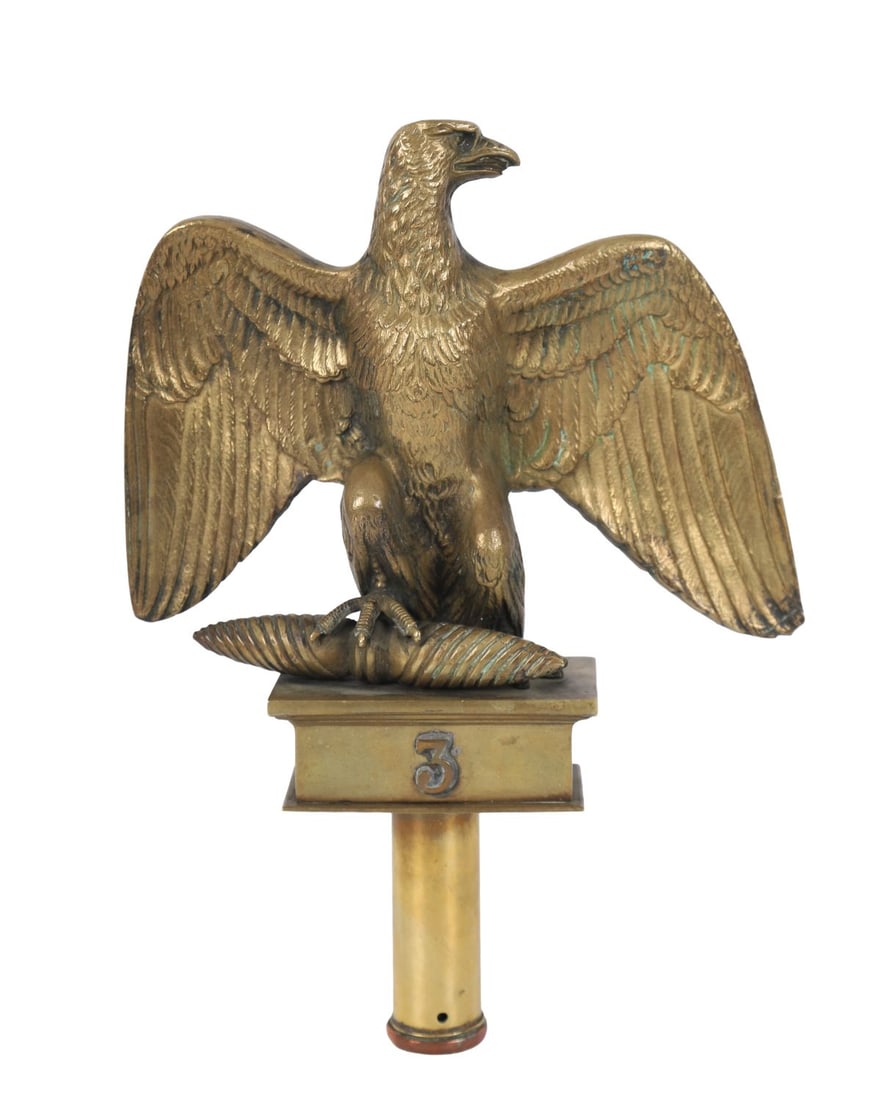 NAPOLEONIC GILT BRONZE EAGLE STANDARD: Provenance: Dirk House, Co. LimerickA crisply cast gilt bronze eagle with outstretched wings, standing on a plinth bearing the numeral “3”, in reference to Napoleonic regimental standards.