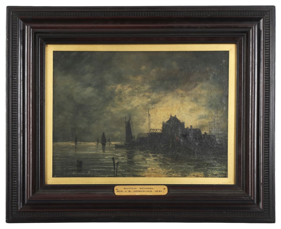 JOHAN BARTHOLD JONGKIND (1819 - 1891): Title: A Moonlit Harbour SceneMedium: Oil on CanvasSignature: UnsignedProvenance: William Rodman and Co., Belfast (Label Verso); Private Collection. Co. Down; Public Auction, Clarke and Sons Auctionee