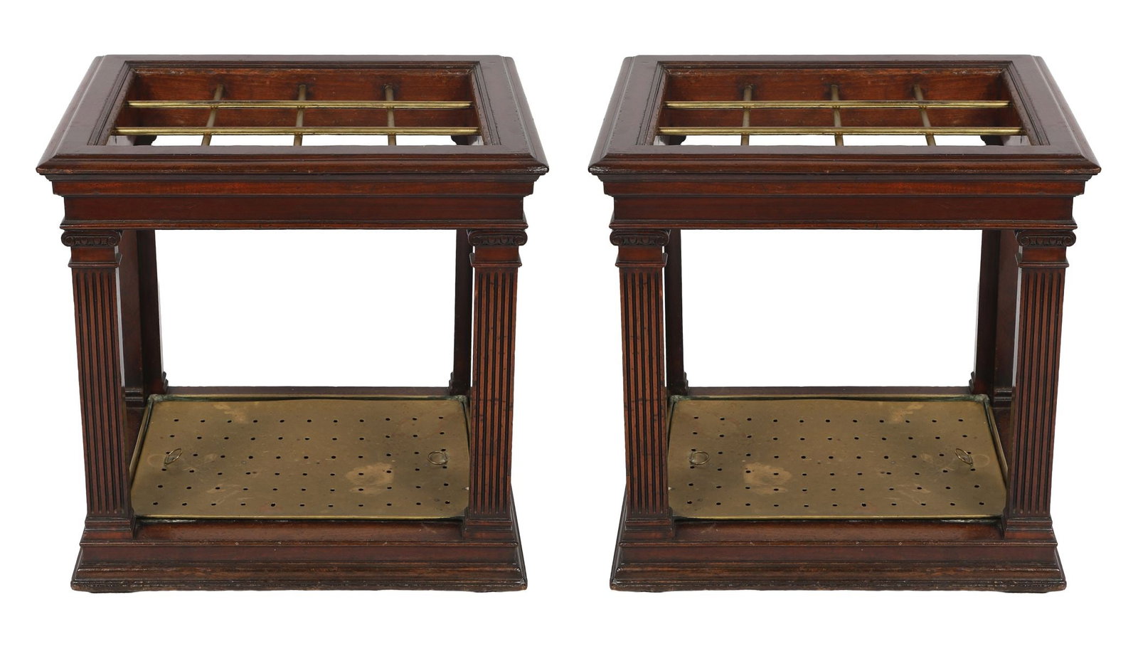 PAIR OF LARGE ESTATE UMBRELLA AND STICK STANDS: Each of upright form with divided interiors, drip trays and provision for canes and umbrellas, constructed in hardwood with metal liners, of practical and robust country house type. FURNITURE