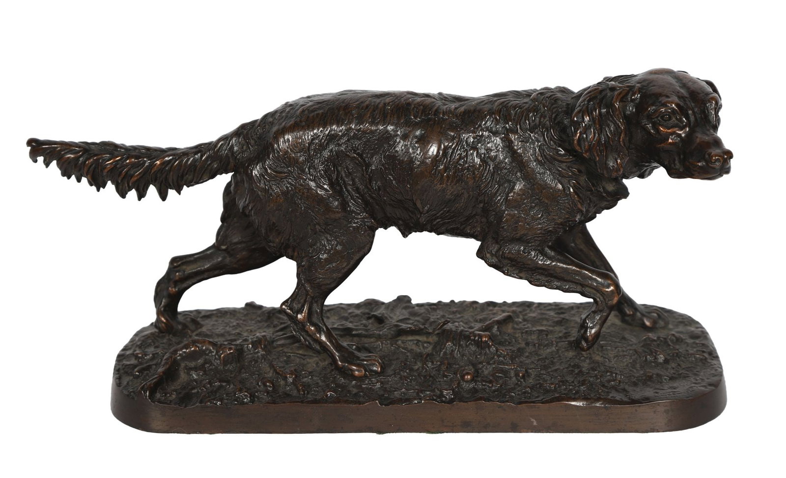 19TH-CENTURY BRONZE SCULPTURE OF A RED SETTER: Naturalistically modelled standing in alert pose, on an oval naturalistic base, with finely chased surface detail and dark patina. SCULPTURE