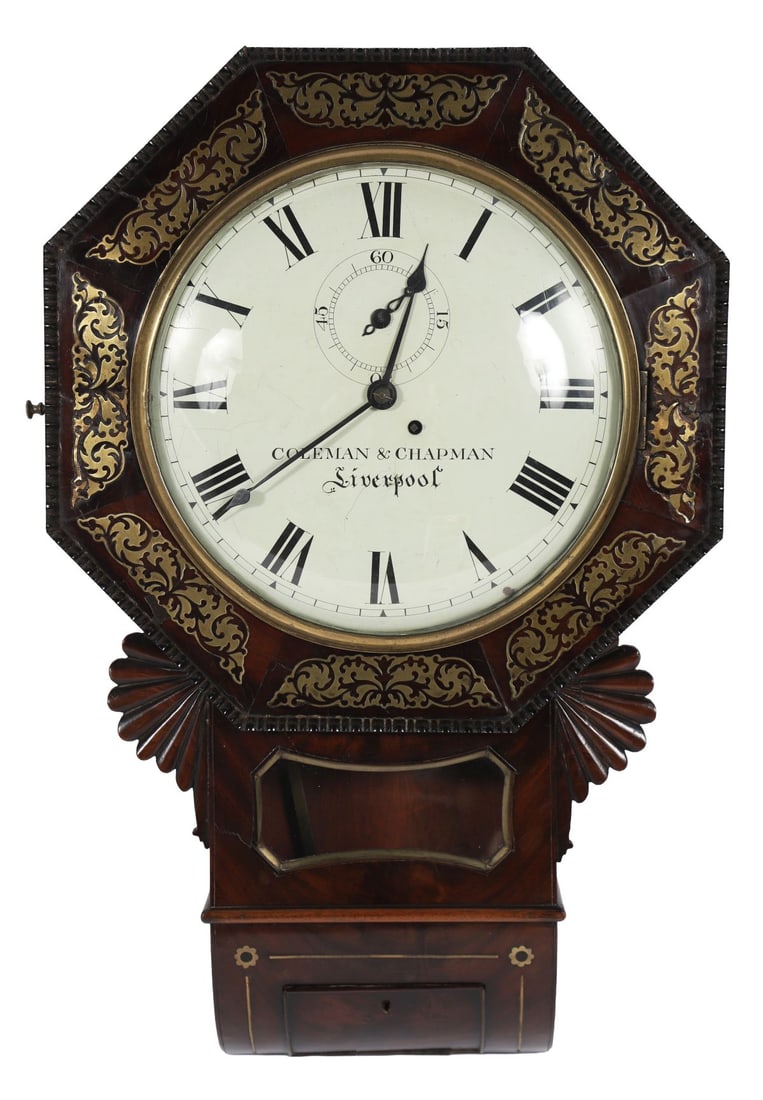 19TH-CENTURY MAHOGANY DROP-DIAL WALL CLOCK: BY COLEMAN & CHAPMAN, LIVERPOOL, brass inlaid, With octagonal dial surround, Roman numeral dial and glazed drop case. CLOCKS AND BAROMETERS
