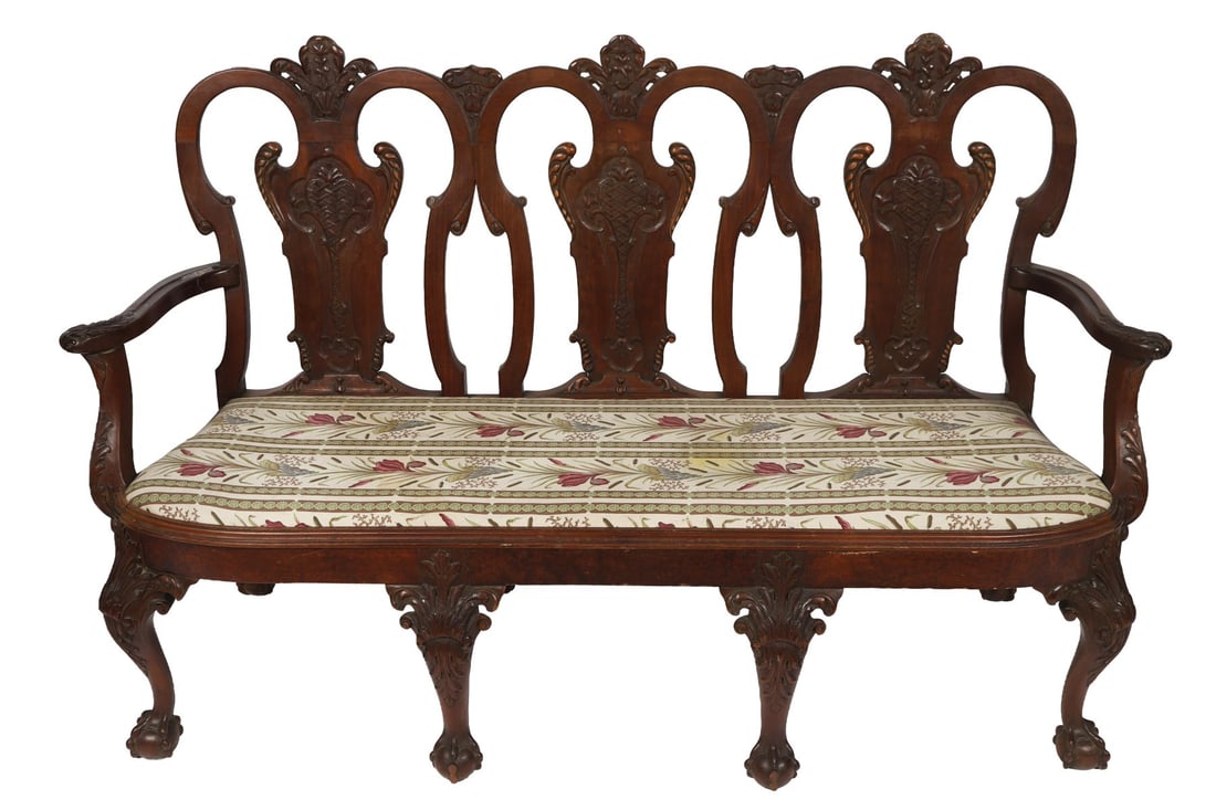 LATE 19TH/EARLY 20TH-CENTURY MAHOGANY 3-SEAT SOFA: With shaped back and scroll arms, the frame raised on turned supports, upholstered in patterned fabric.Provenance: Temple House, County Sligo. FURNITURE