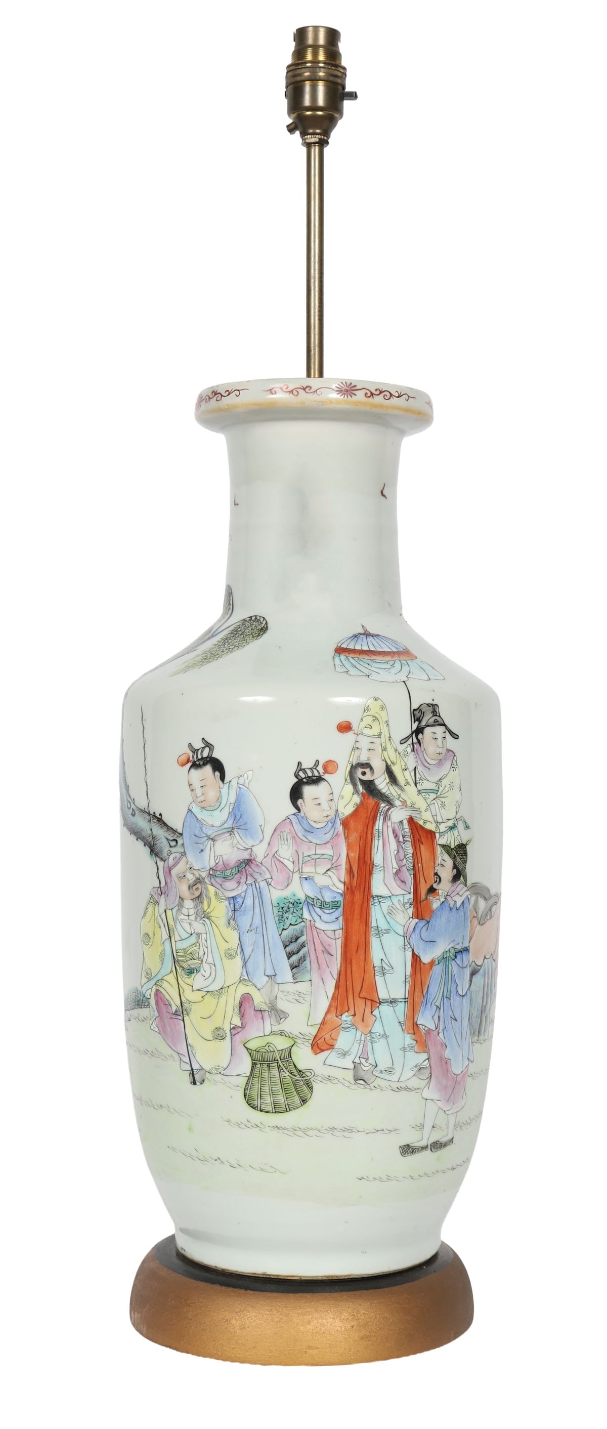 CHINESE PORCELAIN TABLE LAMP: Decorated with figures in landscape panels, mounted as a table lamp on a wooden base. LIGHTING