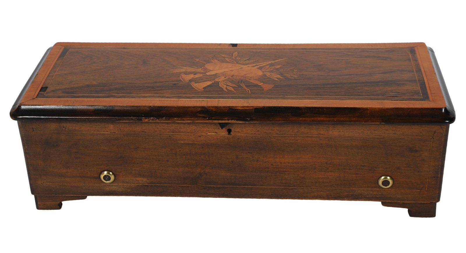 19TH-CENTURY ROSEWOOD MARQUETRY-INLAID MUSIC BOX: The rectangular case with hinged lid enclosing a glazed compartment revealing the pinned cylinder and comb, the lid interior with printed tune sheet. ANTIQUE BOXES