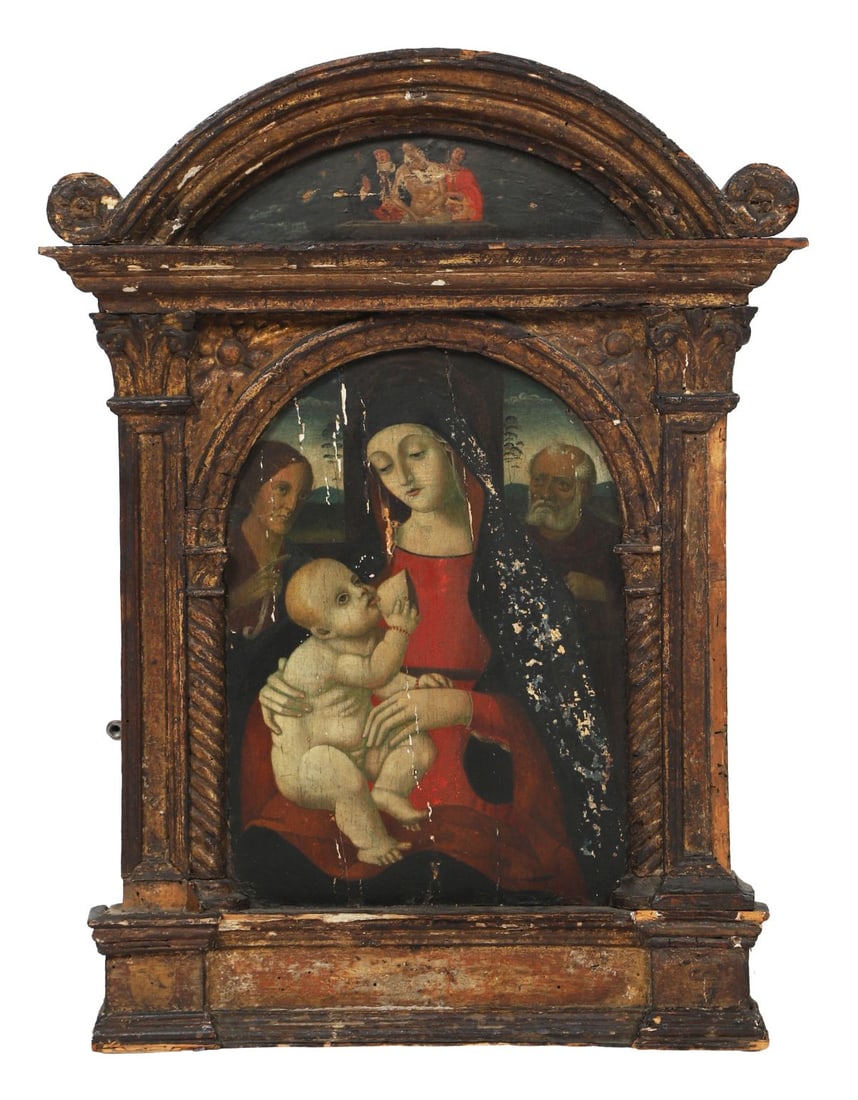 CIRCLE OF PIETRO PERUGINO (1446 to 1523): Title: Madonna and ChildMedium: Oil on PanelSignature: UnsignedProvenance: Private CollectionNote: Enclosed within a carved architectural frame of tabernacle formFramed RELIGIOUS