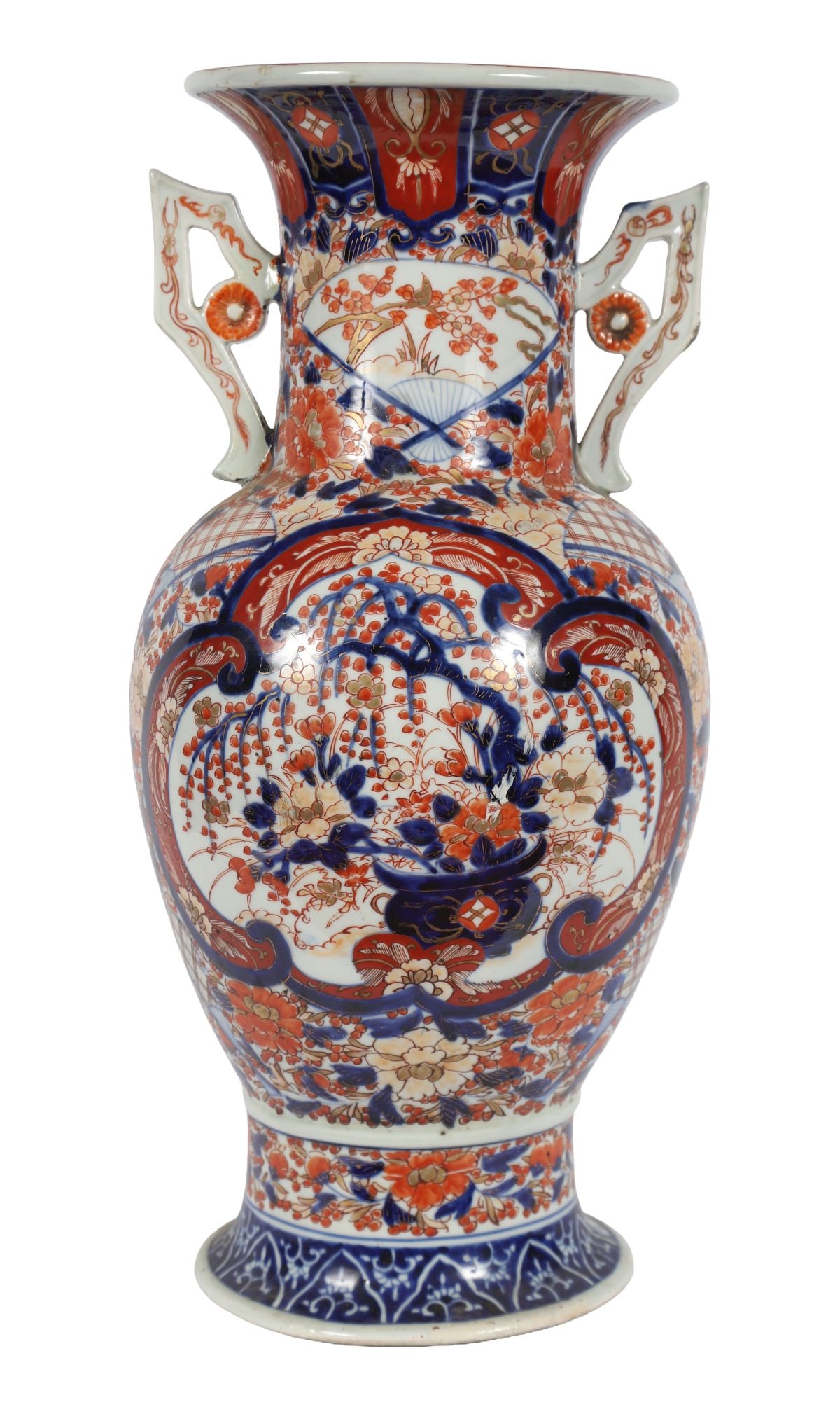 PAIR OF 19TH-CENTURY JAPANESE IMARI VASES: Each of baluster form with panelled decoration in underglaze blue, iron-red and gilt. JAPANESE