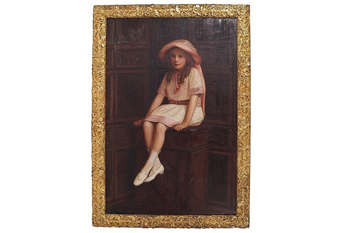 RALPH PEACOCK (BRITISH, 1868 - 1946): Title: Portrait of a Young Girl in a Panelled RoomMedium: Oil on CanvasSignature: UnsignedProvenance: H.W. Taylor and Co., London (Label Verso); Private CollectionNote: His exhibit at the Tate Gallery