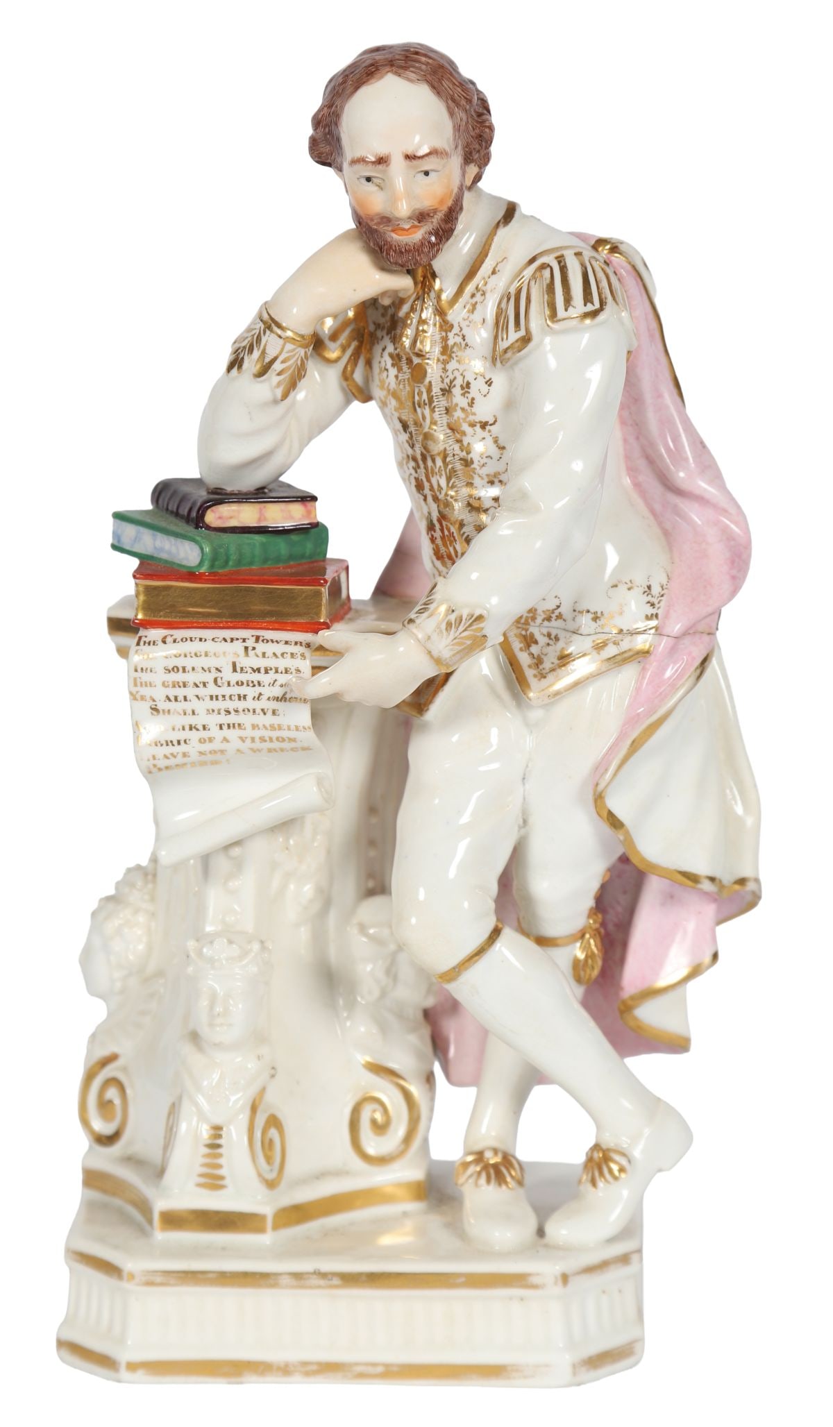 19TH-CENTURY PORCELAIN FIGURE: of William Shakespeare, Modelled standing beside a pedestal with books and scroll, the base inscribed with a passage from The Tempest, decorated in polychrome enamels with gilt highlights. PORCELAIN