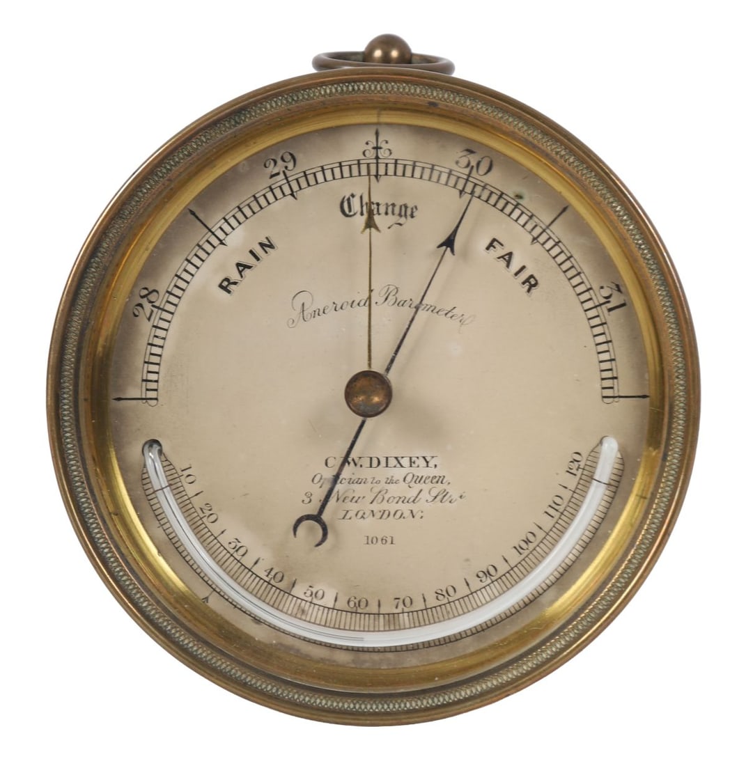 19TH-CENTURY MERCURIAL WHEEL BAROMETER: SIGNED C.W. DIXEY, LONDON, Mahogany cased wheel barometer with silvered dial signed C.W. Dixey, Optician to the Queen, New Bond Street, London, with hygrometer and thermometer scales. Case with losses