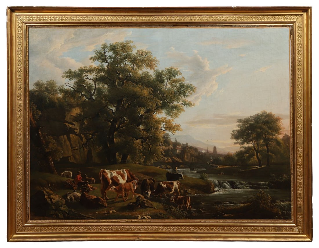 CLAUDE LOUIS CHÂTELET (PARIS, 1753 - 1795): Title: Landscape with Figures and Animals (1792)Medium: Oil on CanvasSignature: Signed and Dated Lower RightProvenance: Private CollectionFramed PICTURES AND PRINTS