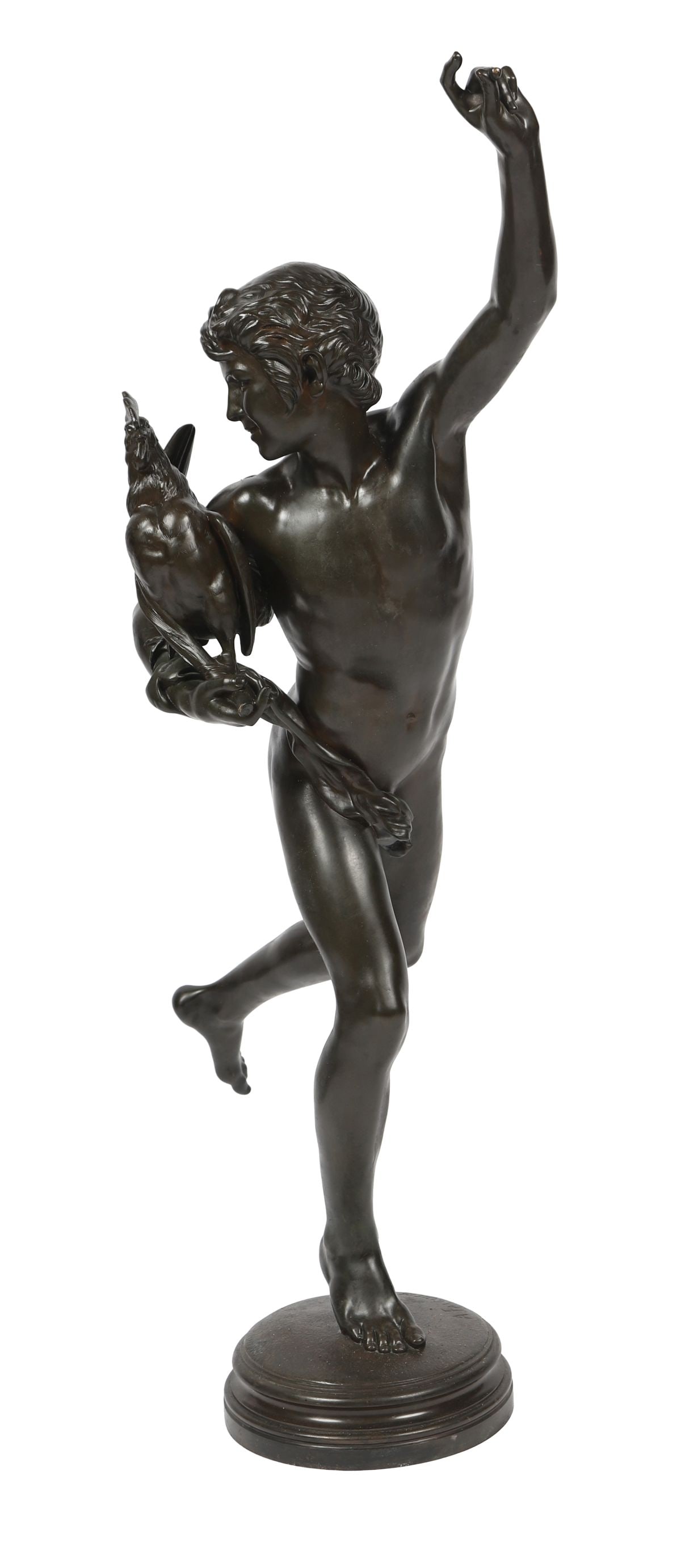 JEAN-ALEXANDRE-JOSEPH FALGUIÈRE(FRENCH,1831-1900): Title: The Winner at the CockfightMedium: Bronze with Brown PatinaSignature: SignedProvenance: Private CollectionLiterature: Pierre Kjellberg, Les bronzes du XIXe Siecle, Dictionnaire des sculpteurs, 
