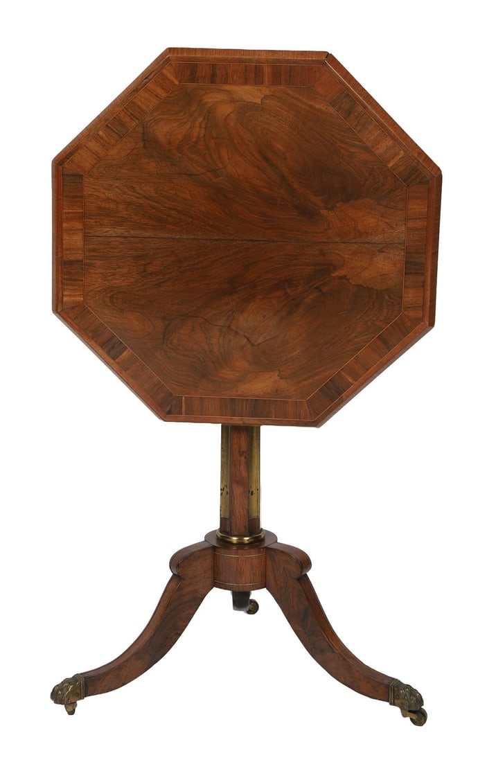 REGENCY PERIOD MAHOGANY SNAP-TOP CENTRE TABLE: MAHOGANY AND ROSEWOOD CROSSBANDED, The octagonal top with finely figured veneers and crossbanded border, raised on a turned column and tripod base terminating in sabre legs with brass caps and castors