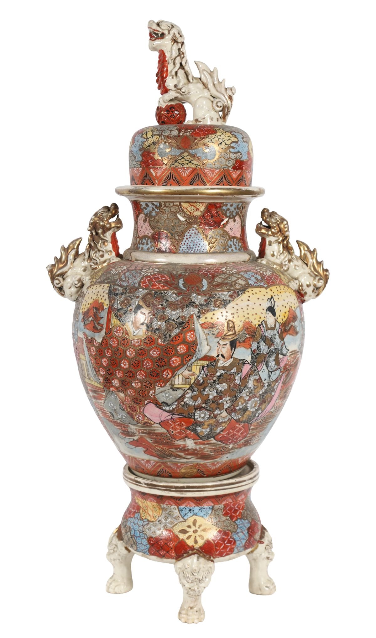 19TH-CENTURY JAPANESE SATSUMA KORO AND COVER: Of baluster form, richly decorated with figures and geometric panels, with domed cover. JAPANESE