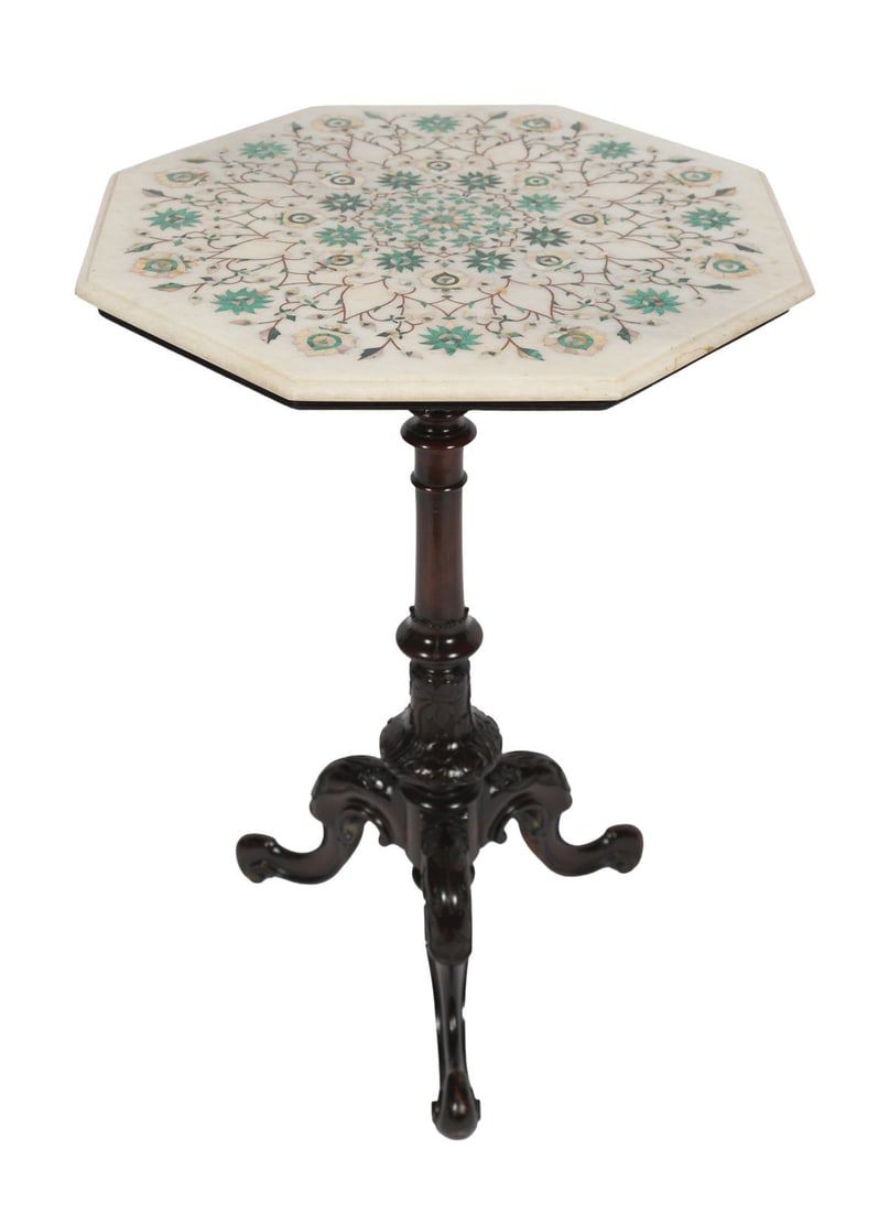 VICTORIAN WALNUT & MARBLE-INLAID OCCASIONAL TABLE: WALNUT AND SPECIMEN MARBLE-INLAID, The octagonal top inlaid with coloured stone panels, raised on a turned column and tripod base. FURNITURE