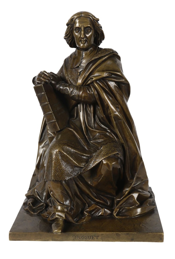 19TH-CENTURY BRONZE FIGURE: A 19th-century patinated bronze figure of a seated historical or literary male figure, draped in flowing robes and holding a book, raised on a rectangular base. Signed to the base. SCULPTURE