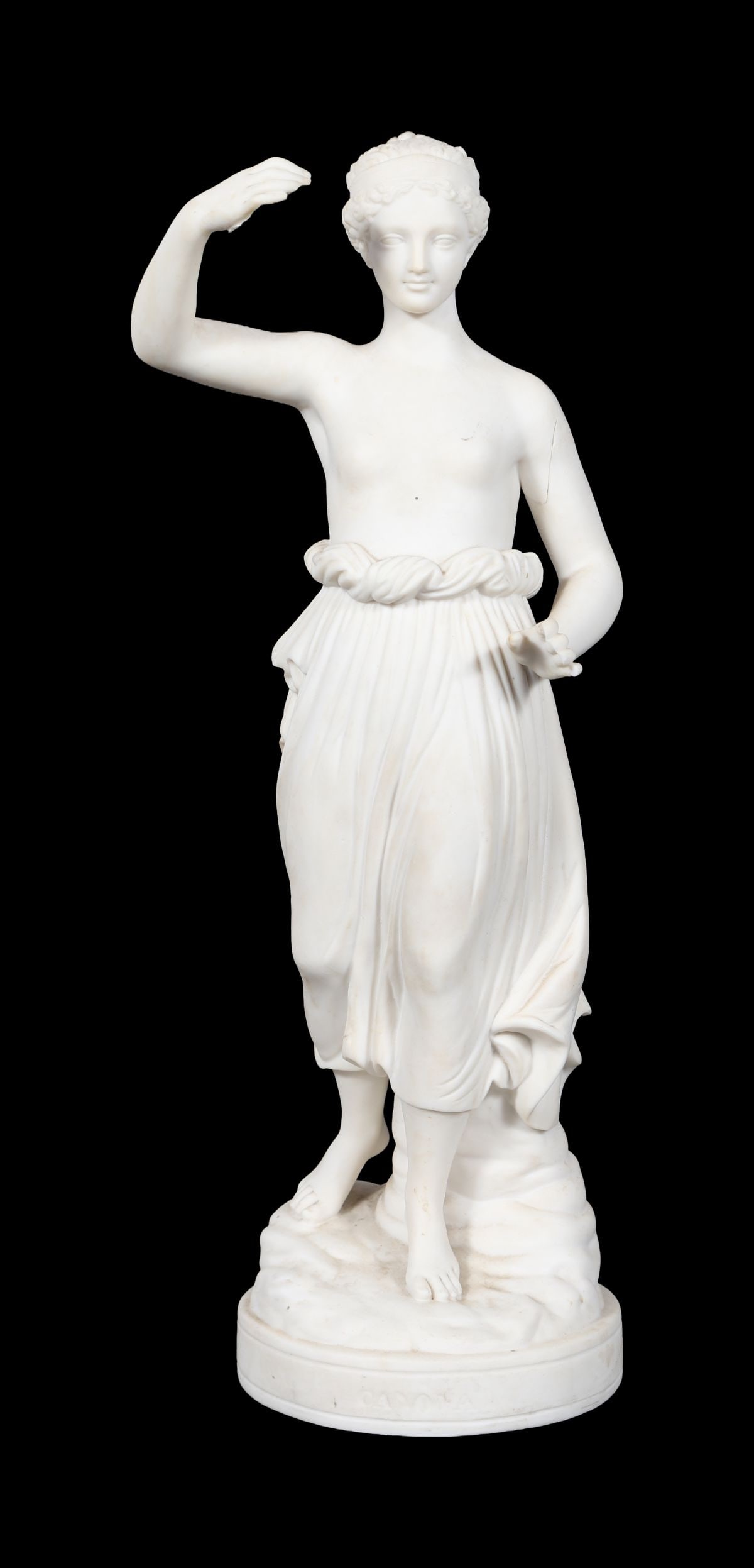 19TH-CENTURY PARIAN FIGURE OF CANOVA: A 19th-century Parian porcelain figure of a classical maiden, titled “Canova”, modelled standing in contrapposto pose on a circular base. PORCELAIN