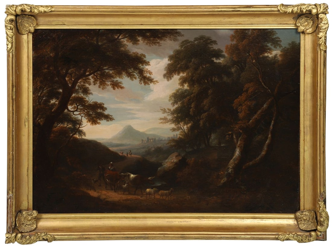 WILLIAM ASHFORD PRHA (1746 - 1824): Title: Wooded Landscape with Figures, Livestock and Distant Ruins, County Wicklow (1809)Medium: Oil on CanvasSignature: Signed and Dated Lower CentreProvenance: Christie's, London, 20 November 1981, L