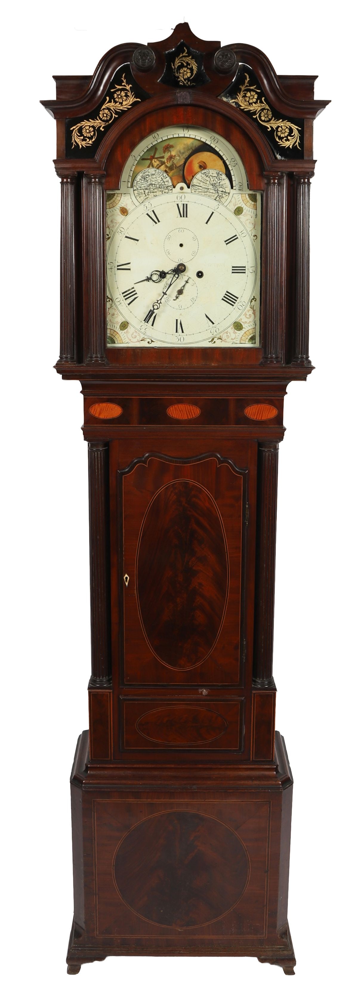 GEORGE III MAHOGANY LONGCASE CLOCK: MAHOGANY & SATINWOOD-INLAID, The arched hood with turned columns enclosing a painted dial with Roman numerals and subsidiary seconds dial, above a trunk with satinwood oval inlay to the door, raised o