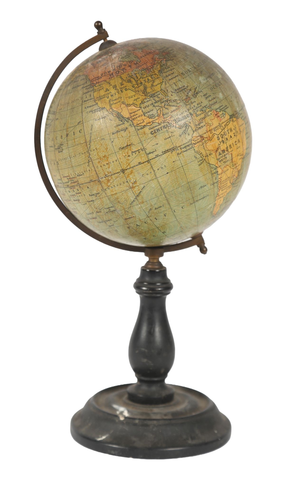 PHILLIPS 6-INCH TERRESTRIAL GLOBE: Printed globe with geographical detail, published by Phillips, mounted on a stand. LIBRARY