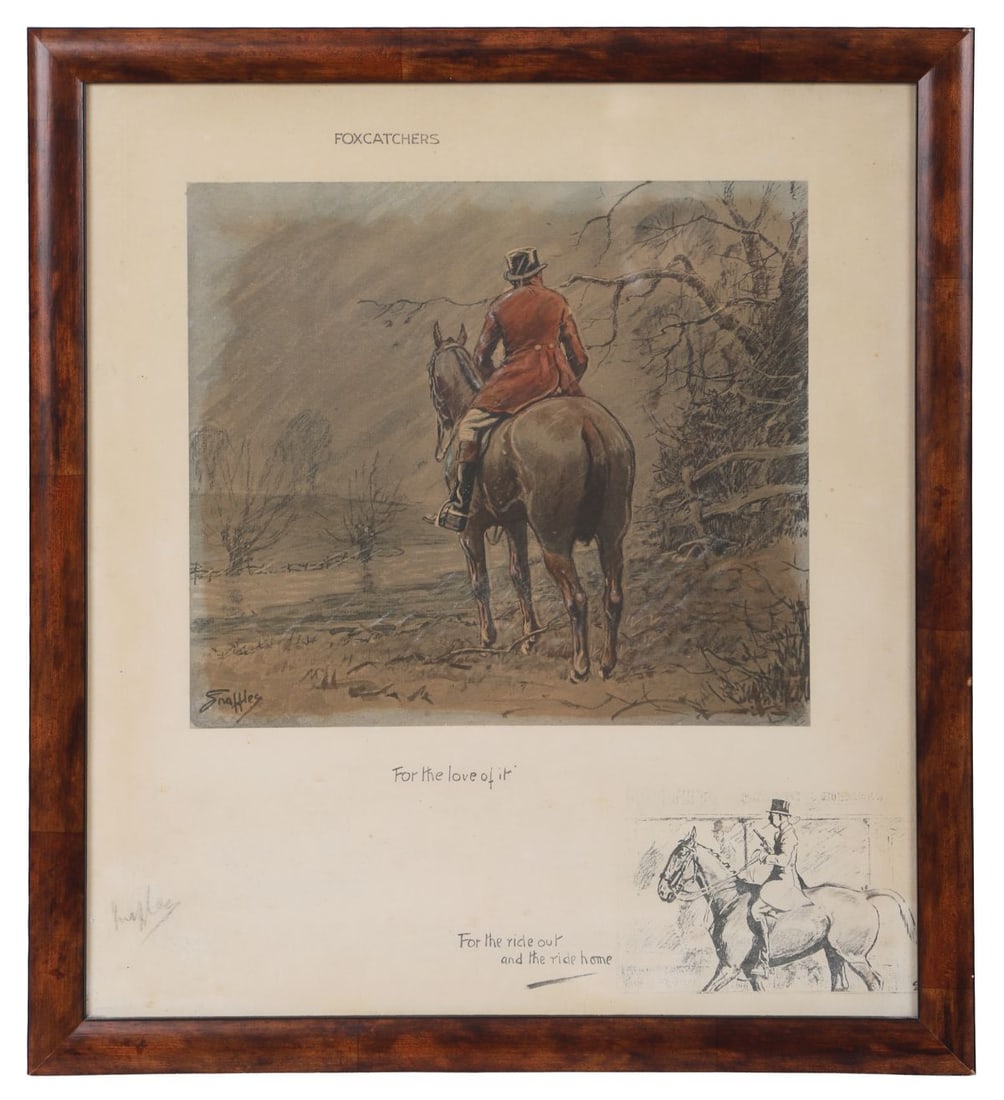 SNAFFLES (CHARLES JOHNSON PAYNE) (1884-1967): Title: Fox CatchersMedium: Colour print with vignette below (“For the love of it” / “For the ride out and the ride home”)Embossed blindstamp Signed Snaffles. PICTURES AND PRINTS