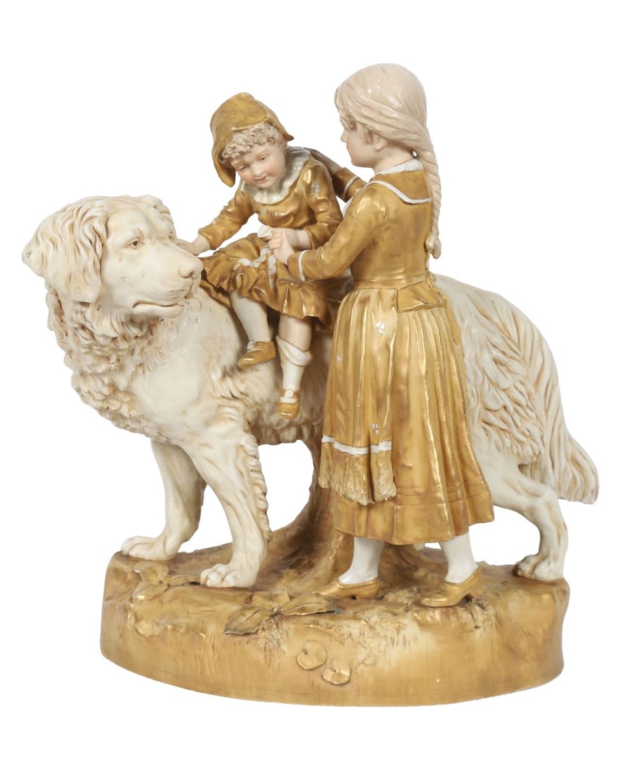 ROYAL DUX FIGURAL GROUP: Depicting a mother assisting a child seated upon a dog, with gilt and naturalistic decoration, raised on an oval base. PORCELAIN