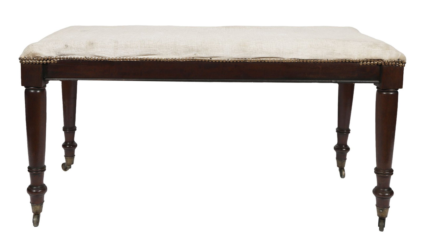 MAHOGANY AND UPHOLSTERED WINDOW SEAT: The rectangular seat with upholstered top above a plain frieze, raised on short supports. FURNITURE