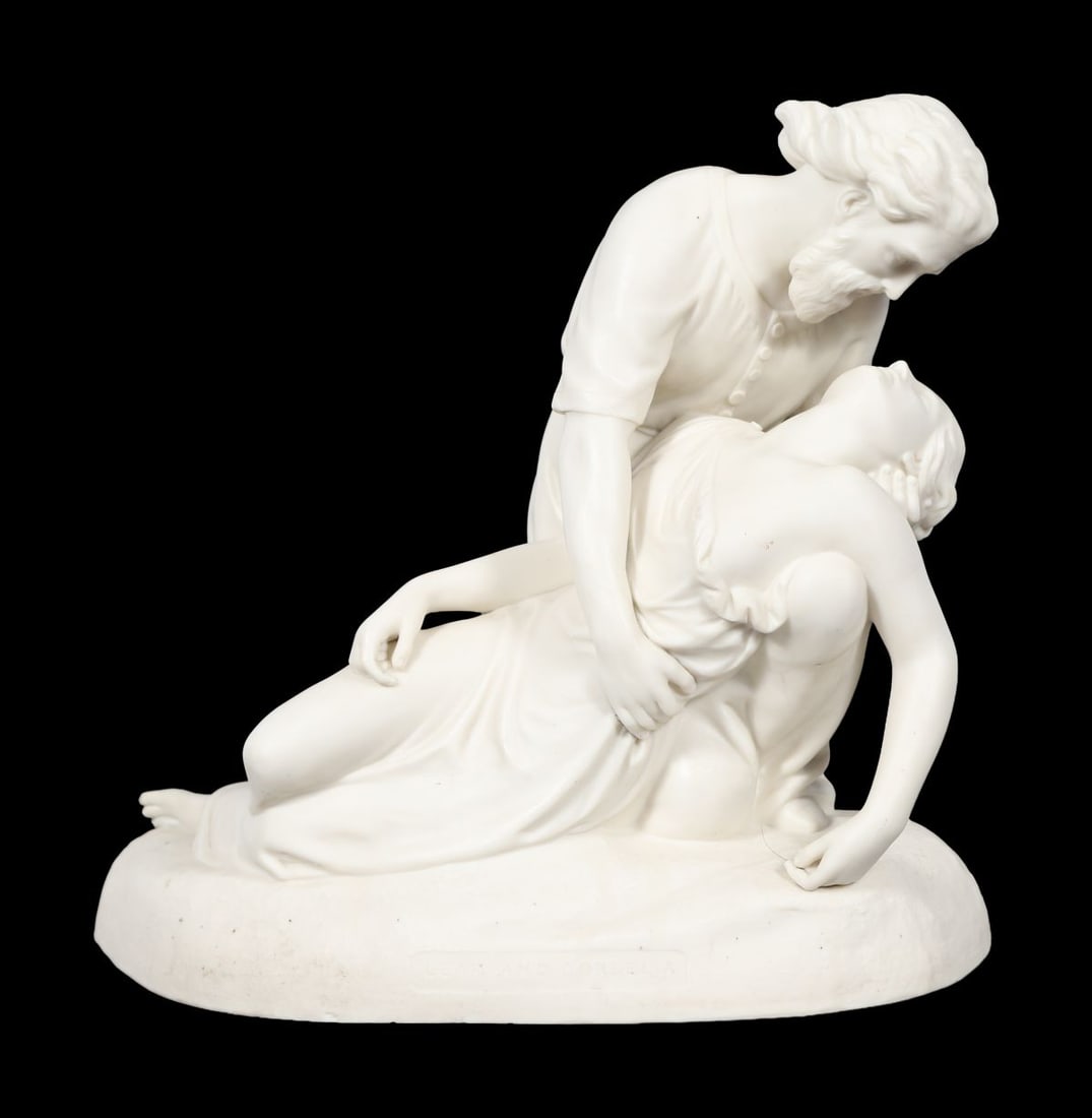 COPELAND PARIAN GROUP: AFTER W MARSHALL RA “LEAR AND CORDELIA”, A Copeland Parian porcelain group after W. Marshall RA, modelled as Lear and Cordelia in a dramatic pose, the figures finely detailed on an oval base.