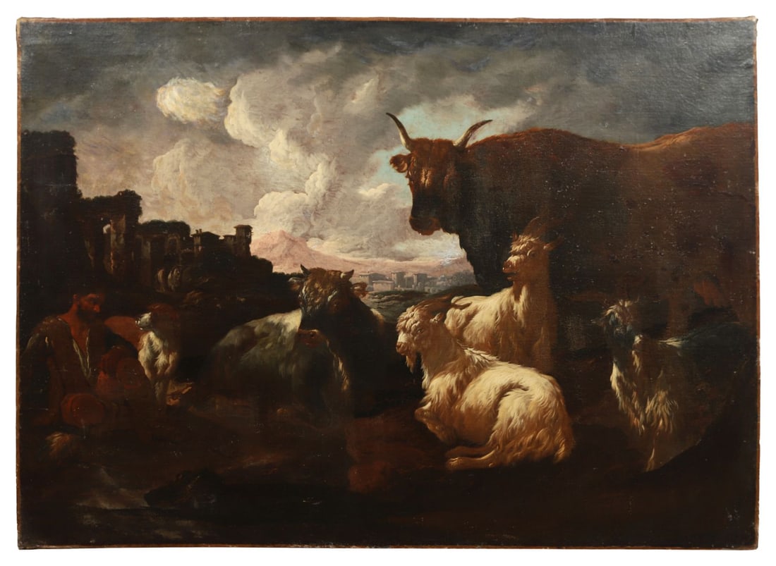 PHILIP PETER ROOS, CALLED ROSA DA TIVOLI: (ST. GOAR 1654 - 1706 ROME)Title: Resting Livestock with Sheep and Cattle by a RuinsMedium: Oil on CanvasSignature: UnsignedProvenance: Private CollectionUnframed PICTURES AND PRINTS