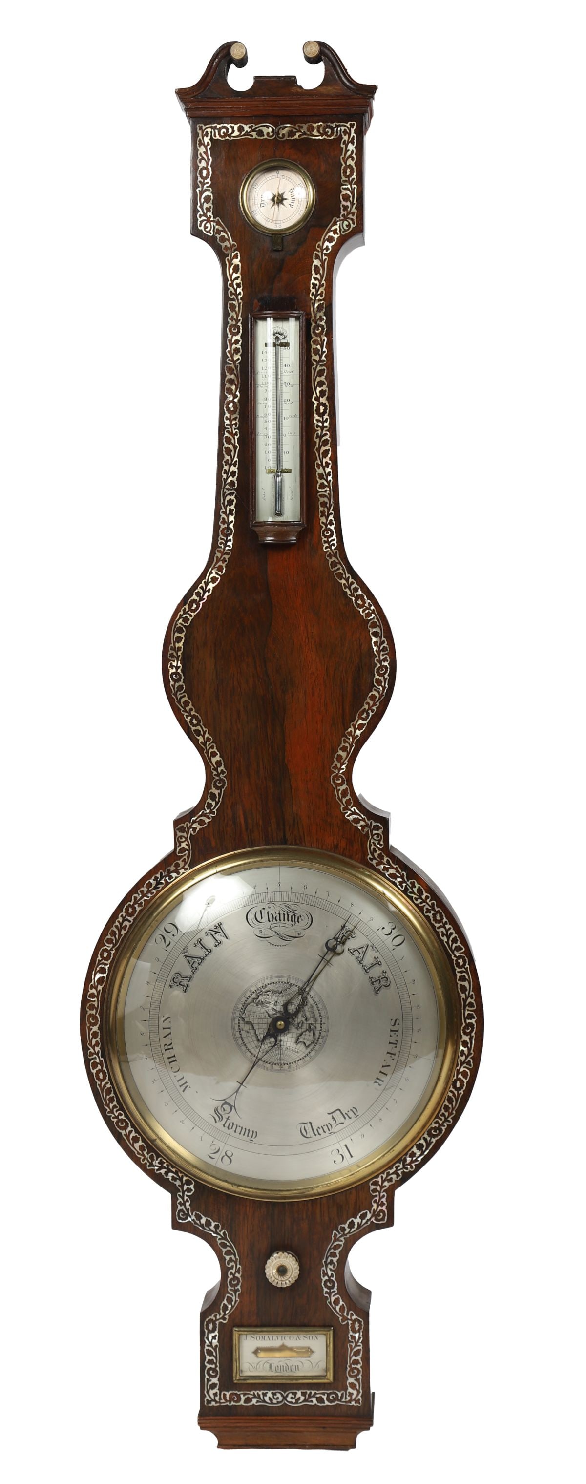 19TH-CENTURY ROSEWOOD BANJO-SHAPED BAROMETER: The case with scrolling pediment and boxwood stringing, enclosing a silvered register dial, mercury thermometer, and hygrometer, above a large circular barometer dial with engraved scale and adjustabl